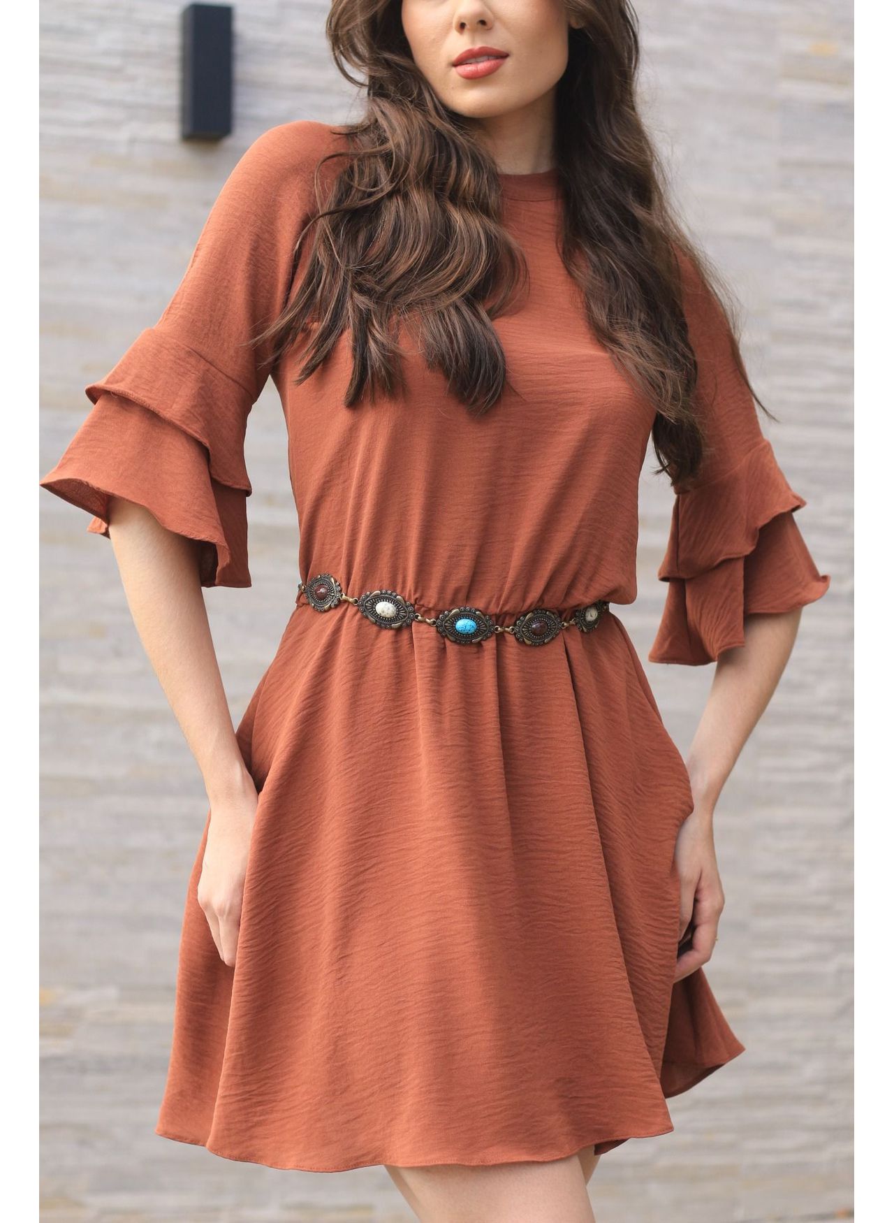 Vestido Babados Manga - Marrom