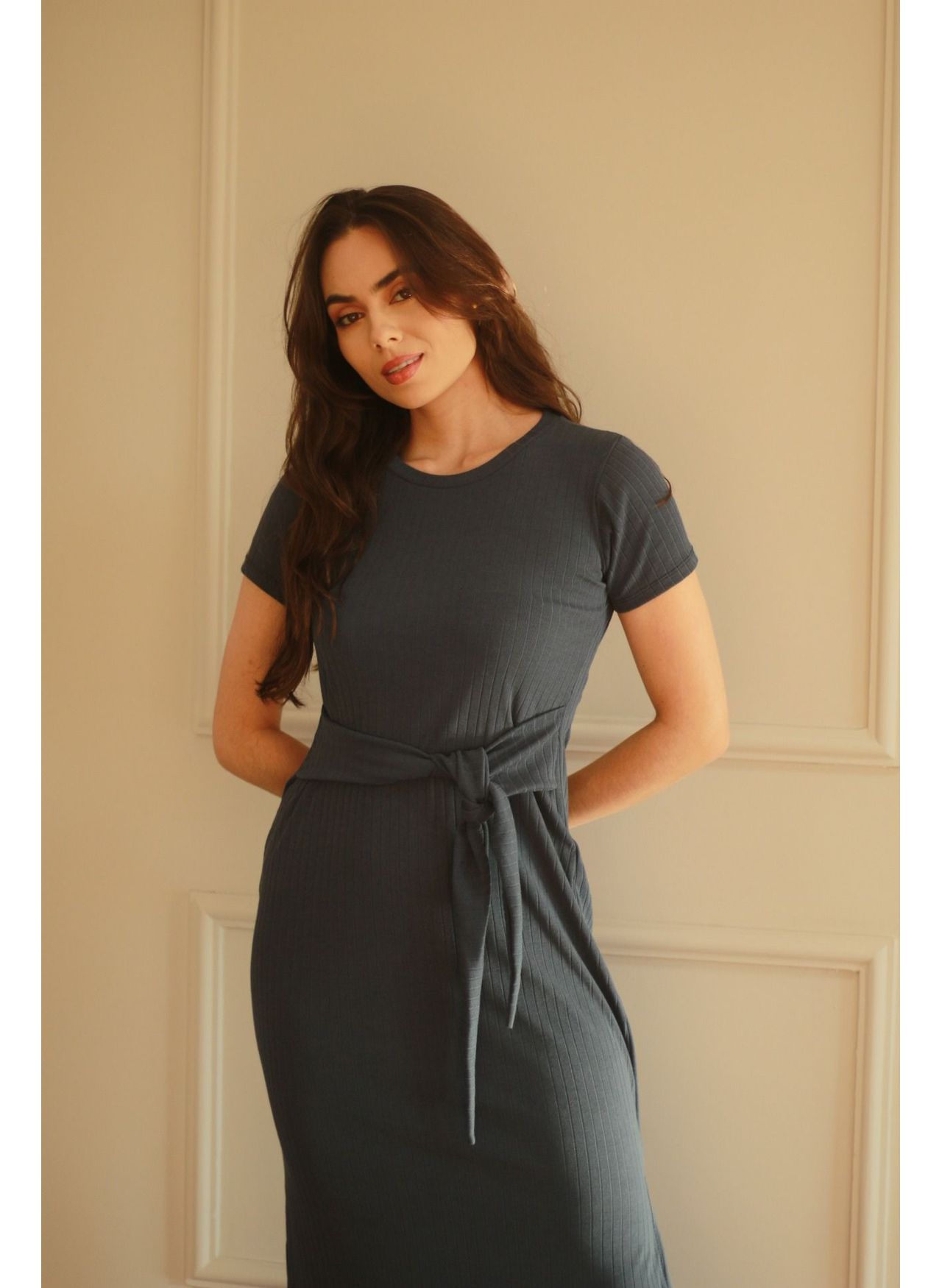 Vestido Canelado Faixa - Azul