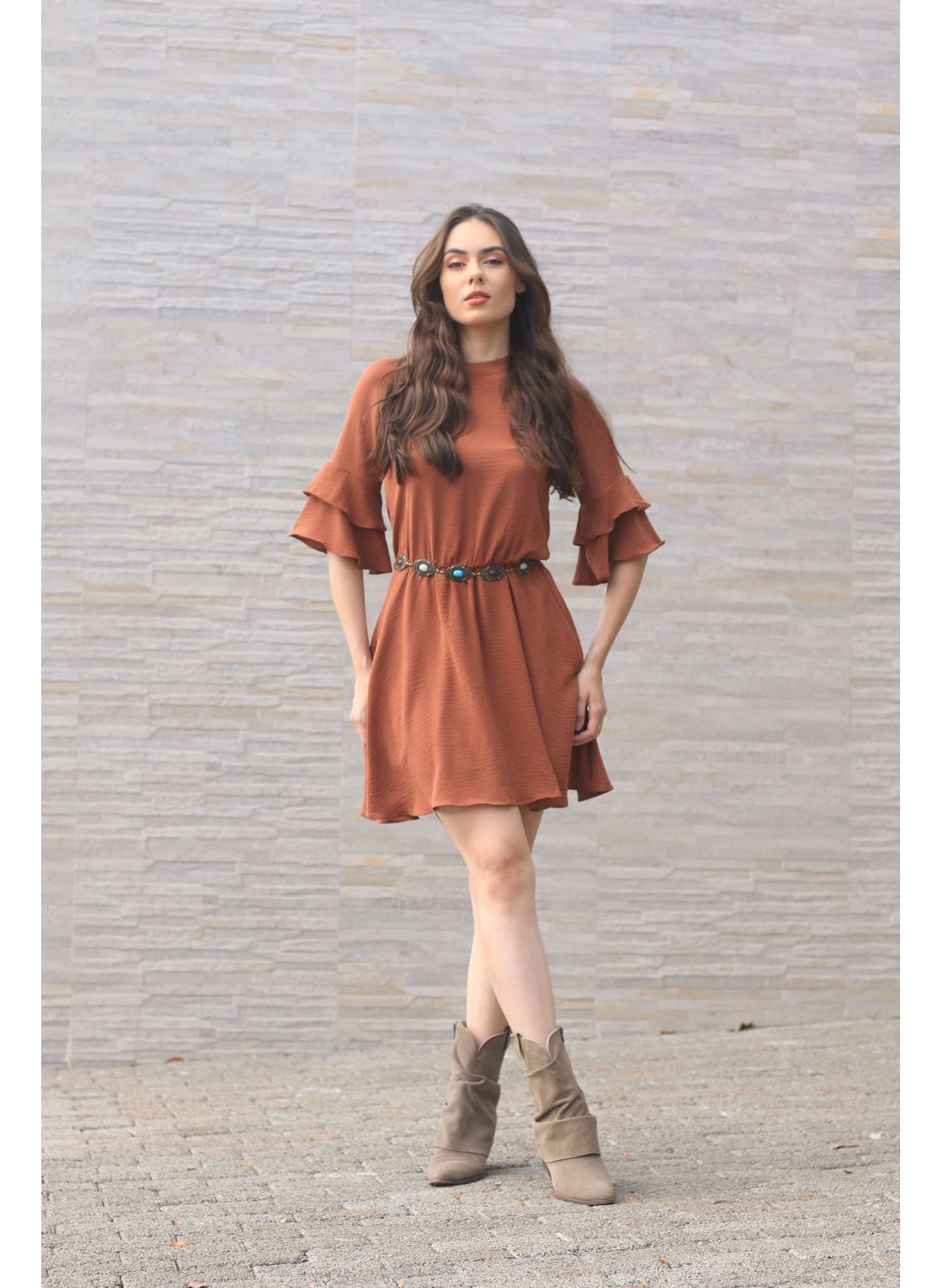 Vestido Babados Manga - Marrom