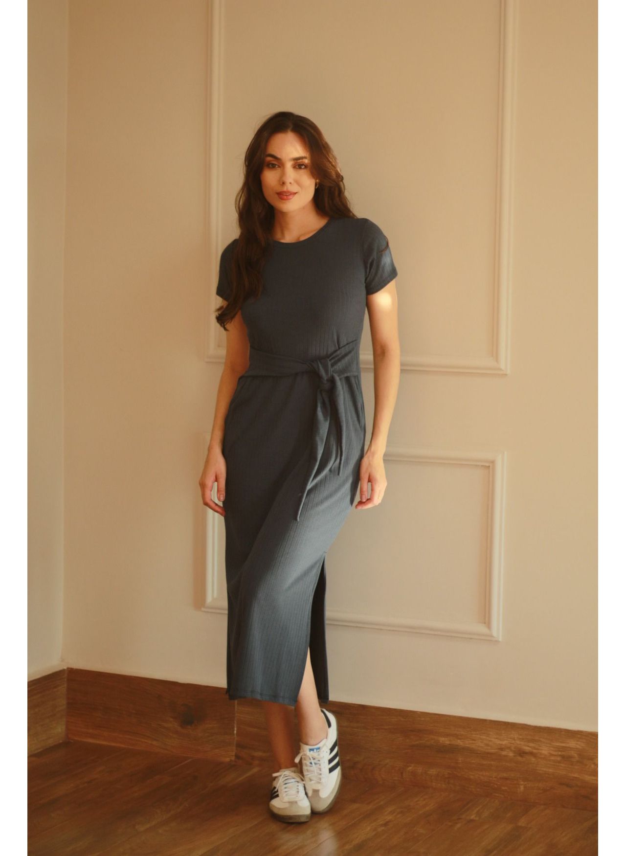 Vestido Canelado Faixa - Azul