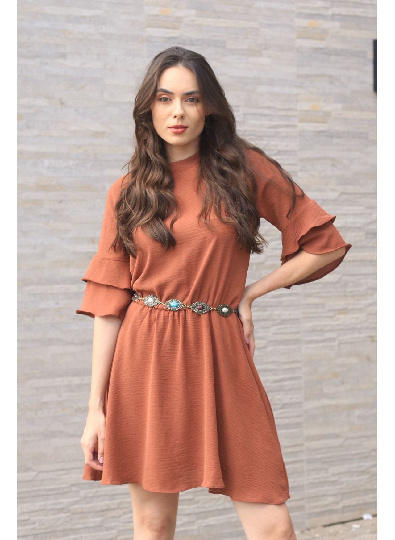 Vestido Babados Manga - Marrom