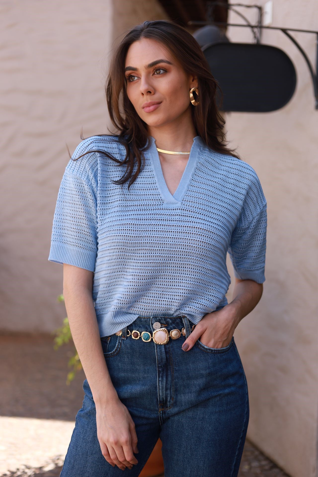 Blusa Tricot Rendada - Azul