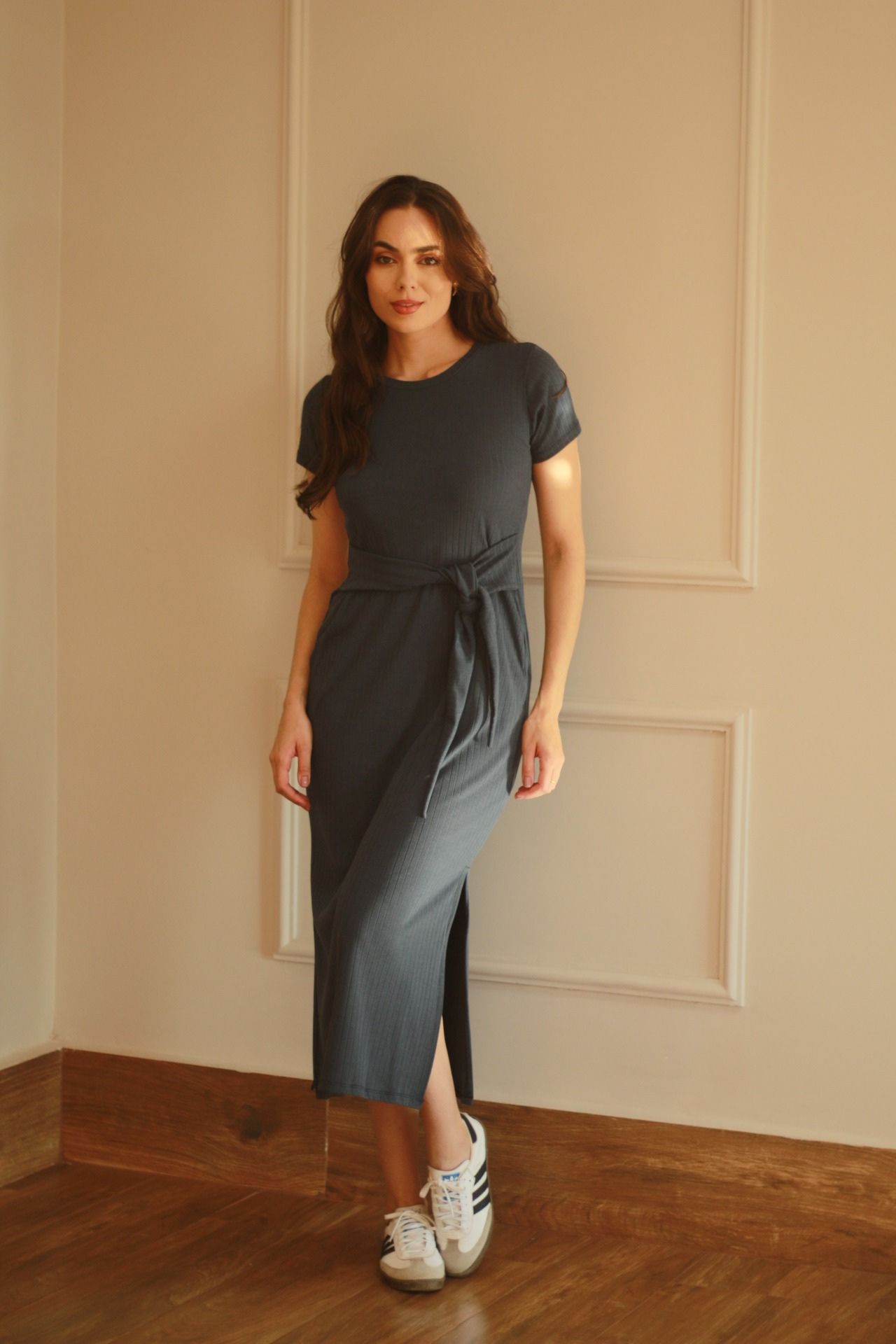 Vestido Canelado Faixa - Azul