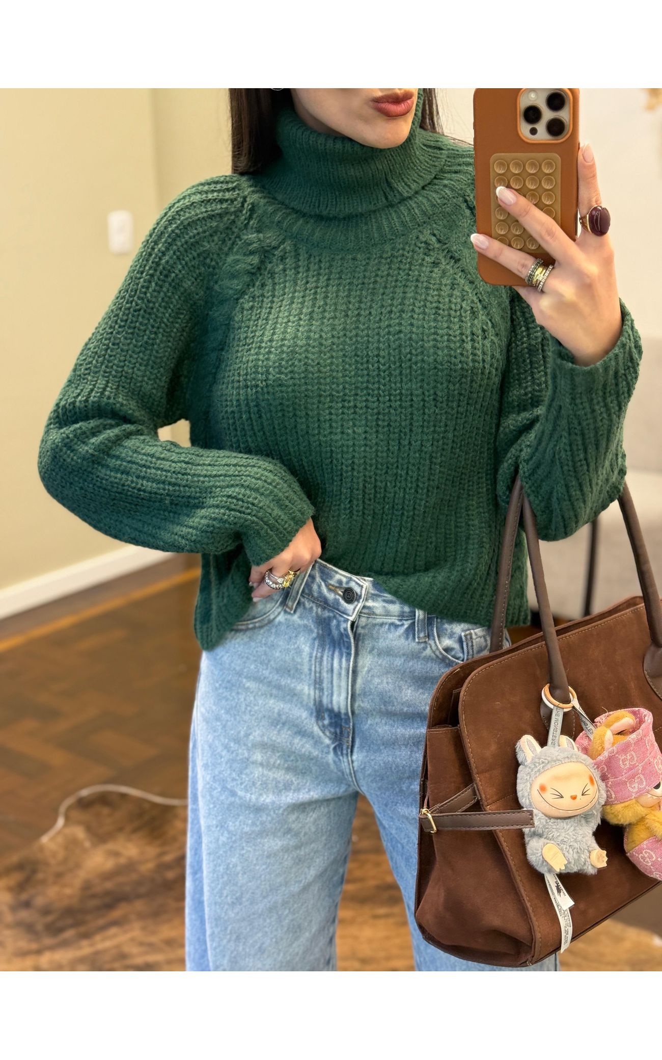 Blusa Tricot Grossa Felpudinha Gola Alta Manga Raglan