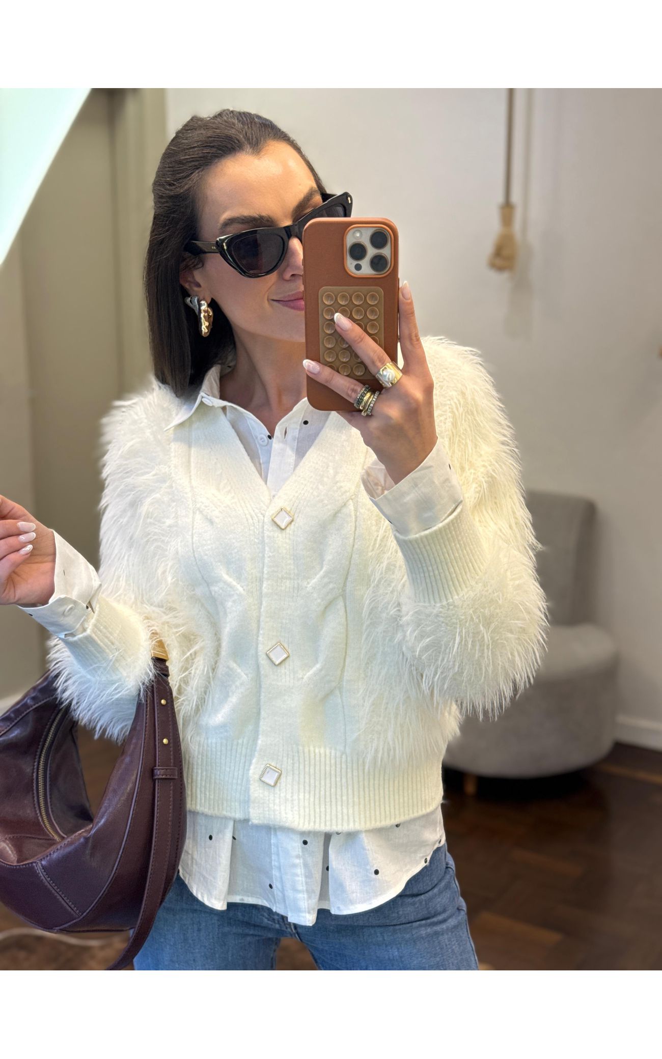 Cardigã Tranças Fio Angorá - Decote V - Off White 
