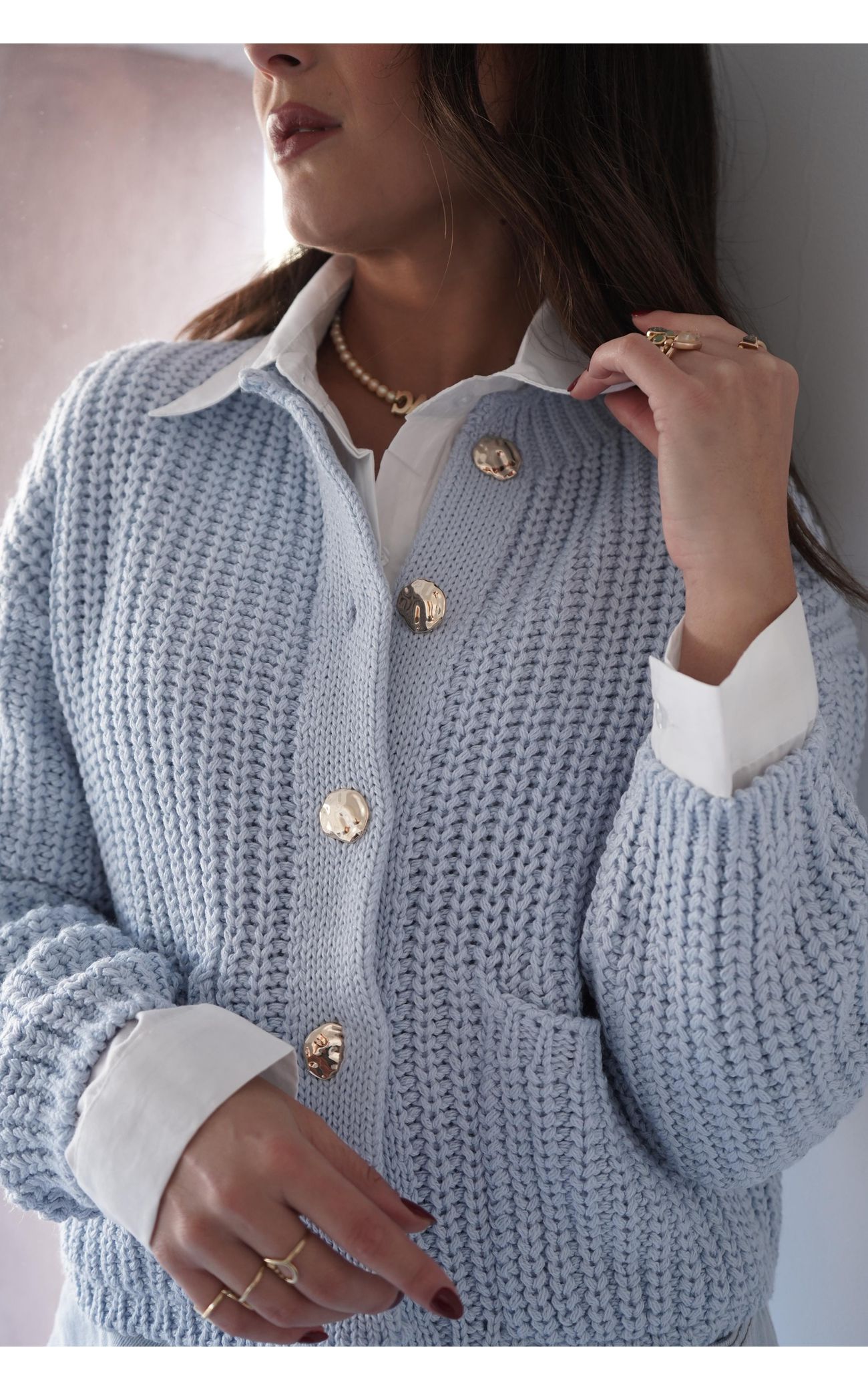 Cardigã Tricot Botões Orgânicos - Azul Bebê
