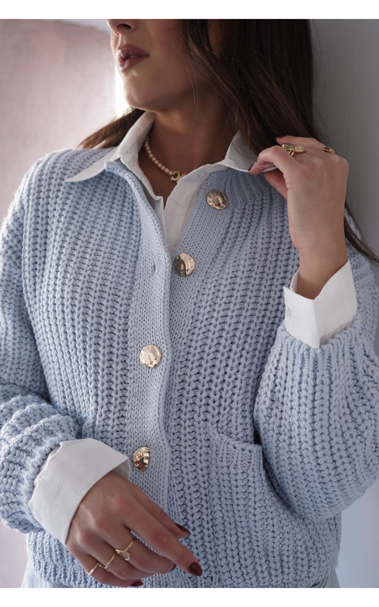 Cardigã Tricot Botões Orgânicos - Azul Bebê