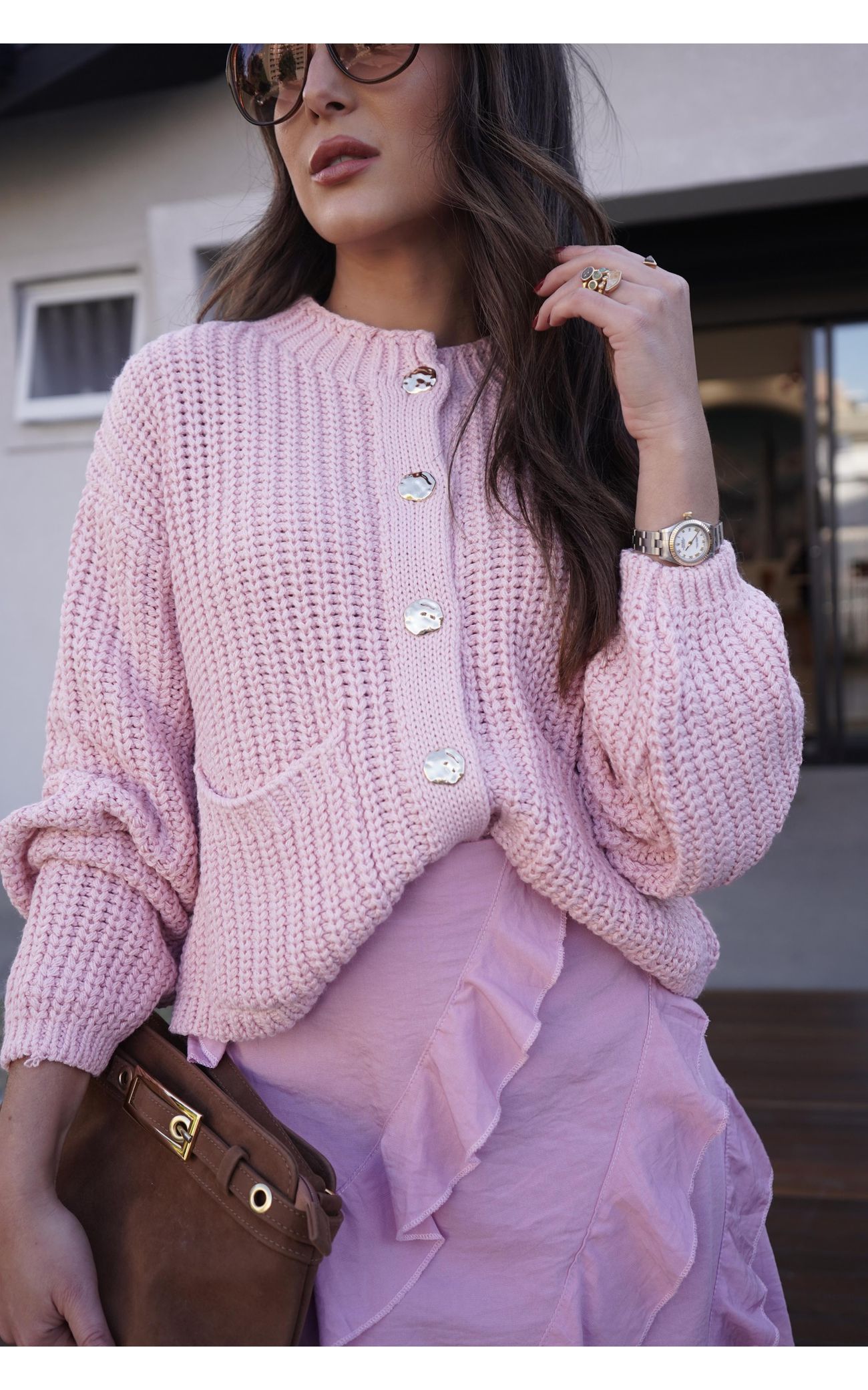 Cardigã Tricot Botões Orgânicos - Rosa Bebê 