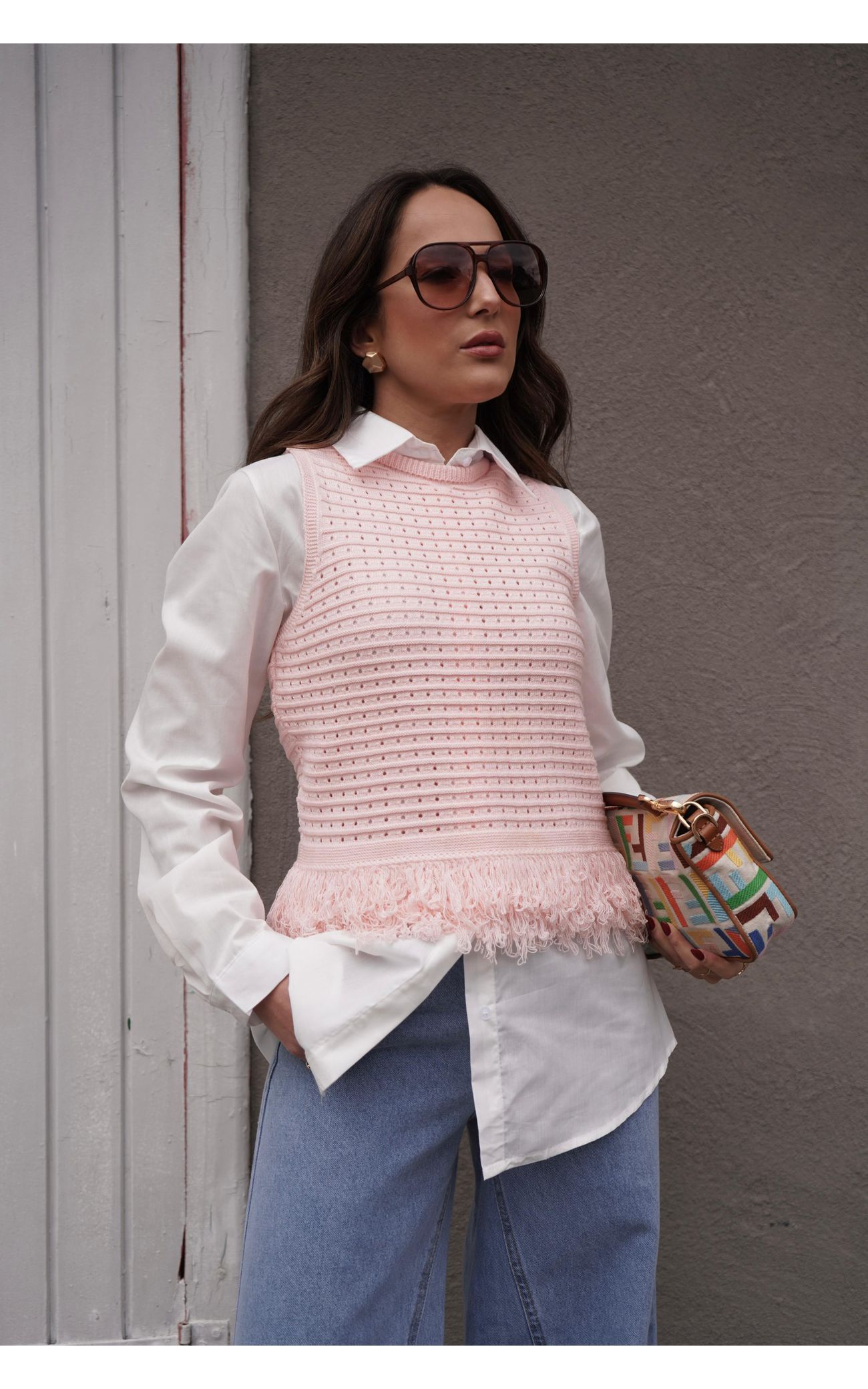Blusa Tricot Franjas na Barra - Rosa Bebê