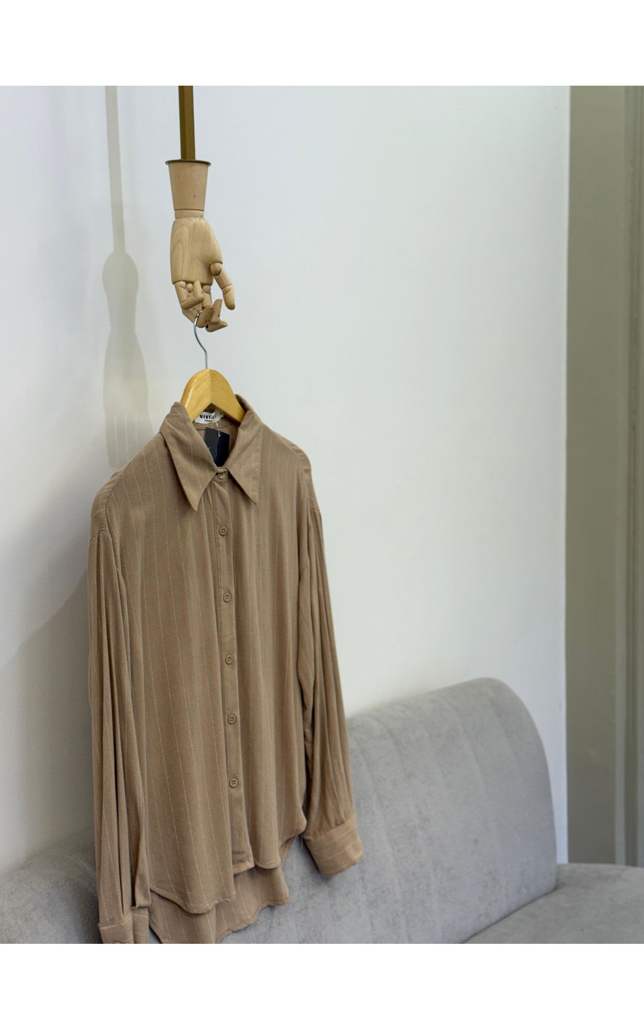 Camisa Linho Misto Risca de Giz - Bege