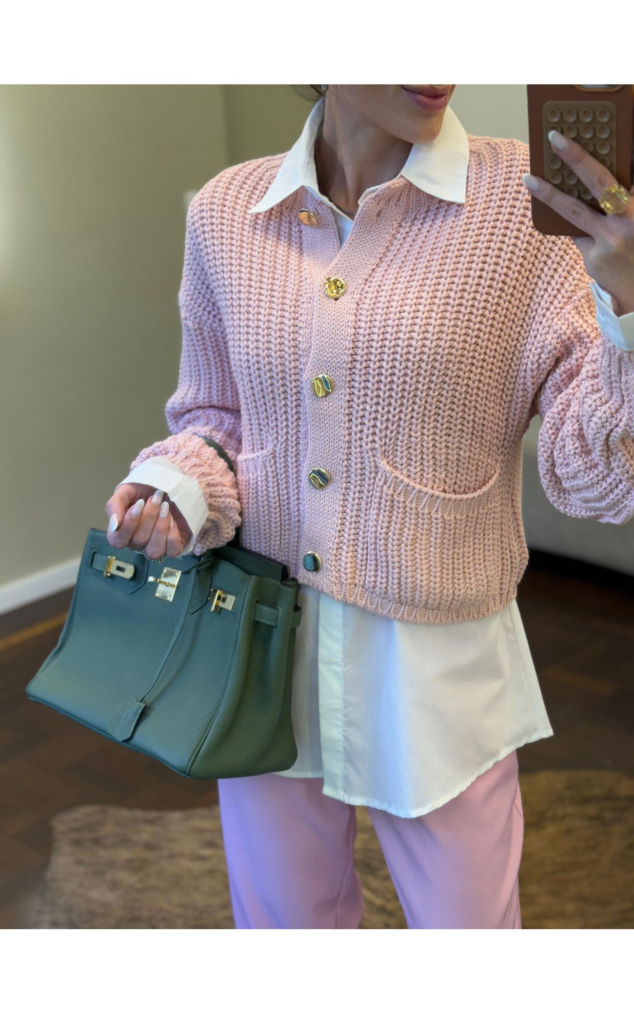 Cardigã Tricot Botões Orgânicos - Rosa Bebê 