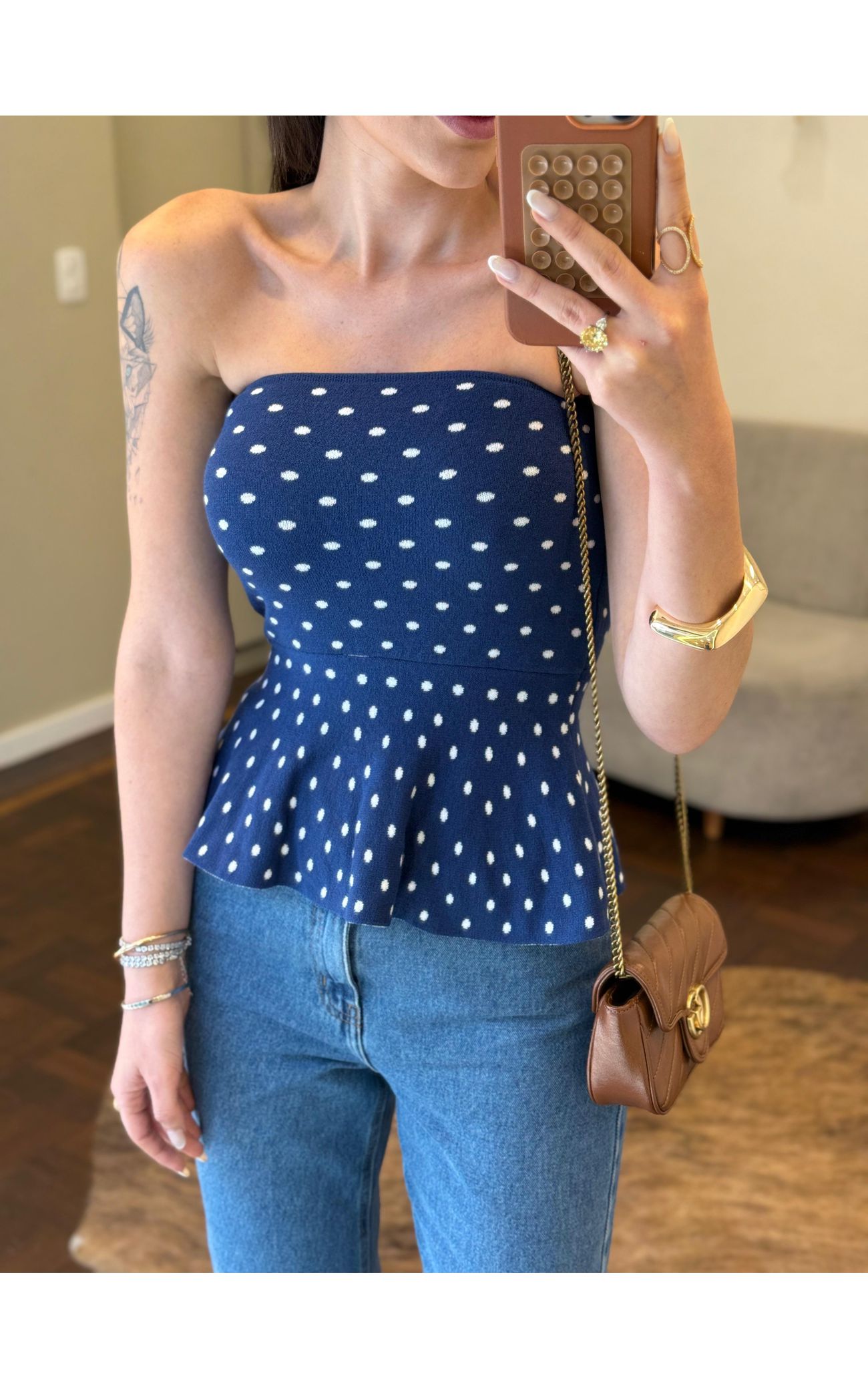 Tomara que Caia Fio Modal Poá - Peplum - Azul Marinho com Poá Branco 