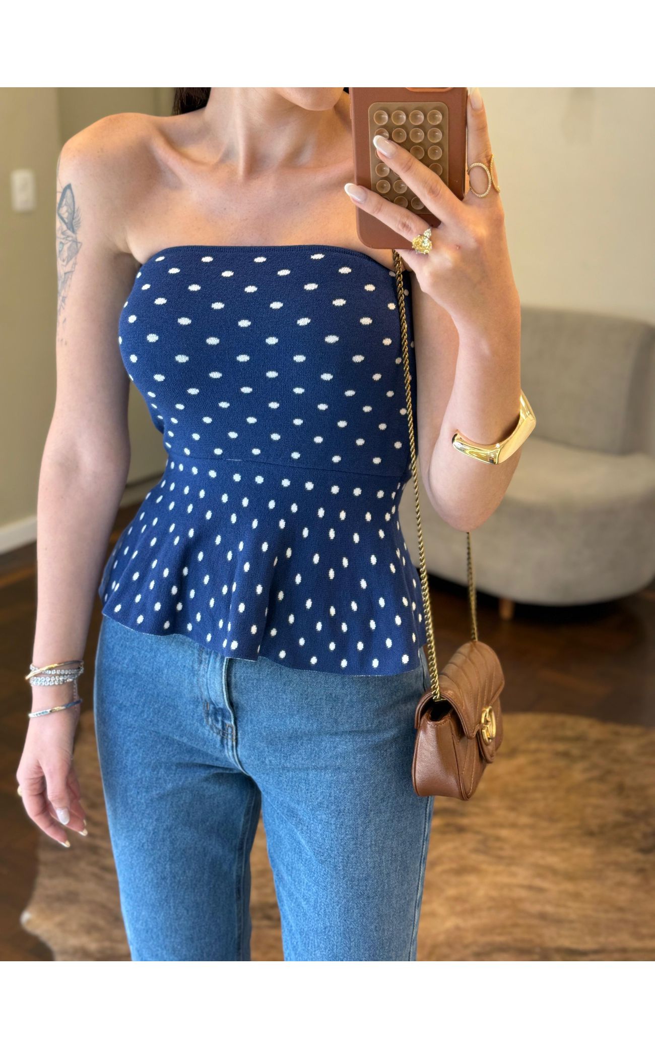 Tomara que Caia Fio Modal Poá - Peplum - Azul Marinho com Poá Branco 