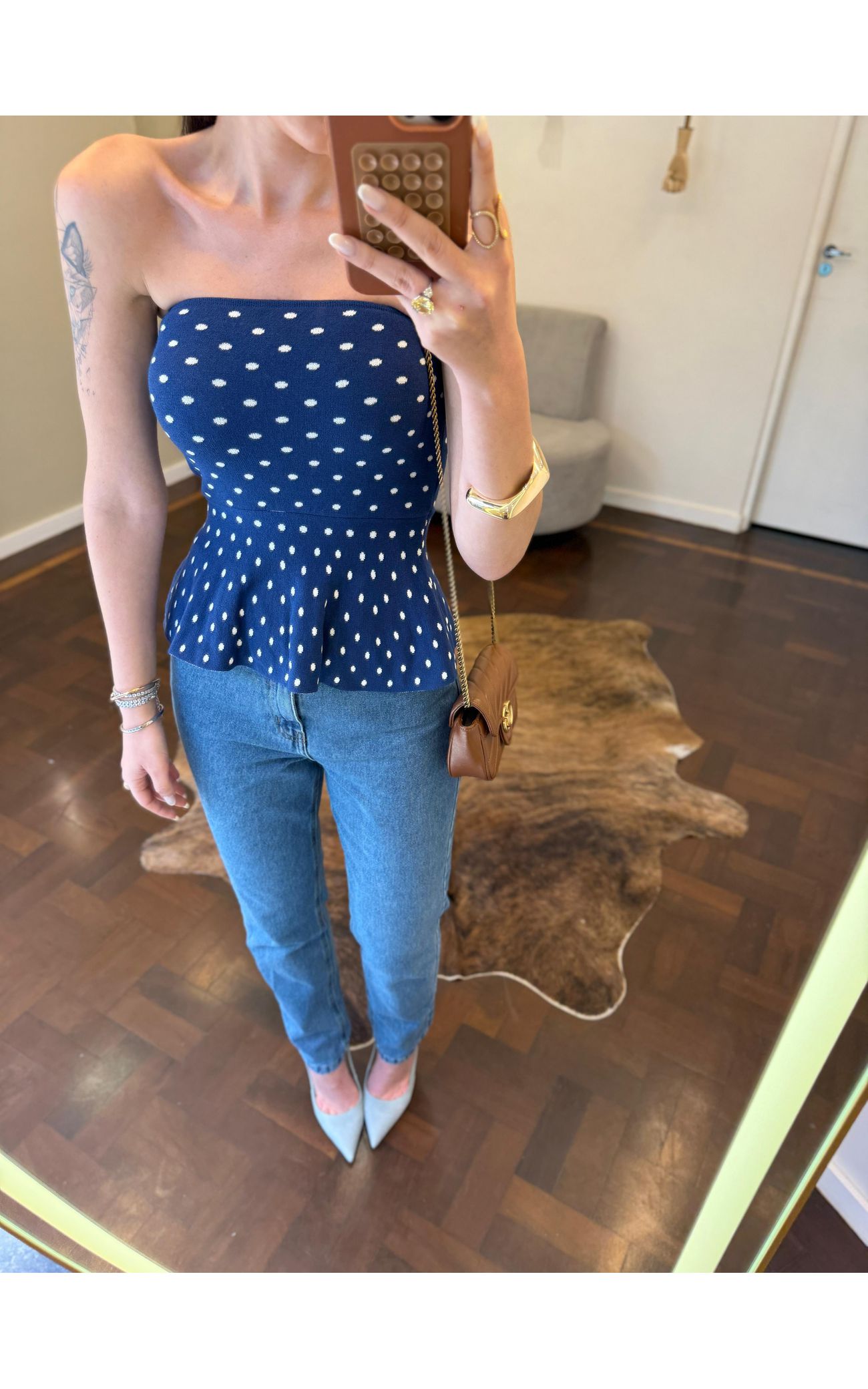 Tomara que Caia Fio Modal Poá - Peplum - Azul Marinho com Poá Branco 