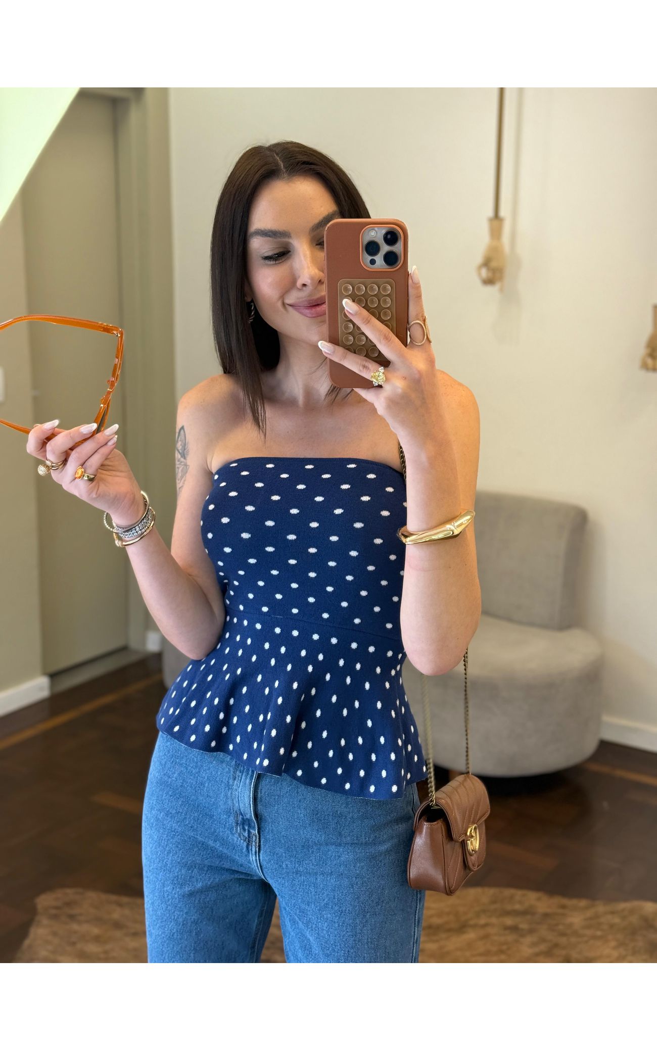 Tomara que Caia Fio Modal Poá - Peplum - Azul Marinho com Poá Branco 