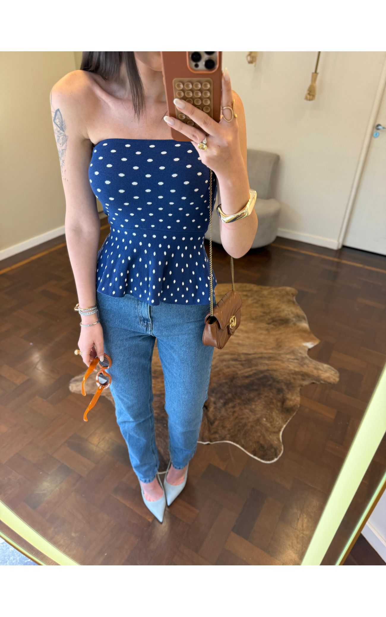 Tomara que Caia Fio Modal Poá - Peplum - Azul Marinho com Poá Branco 
