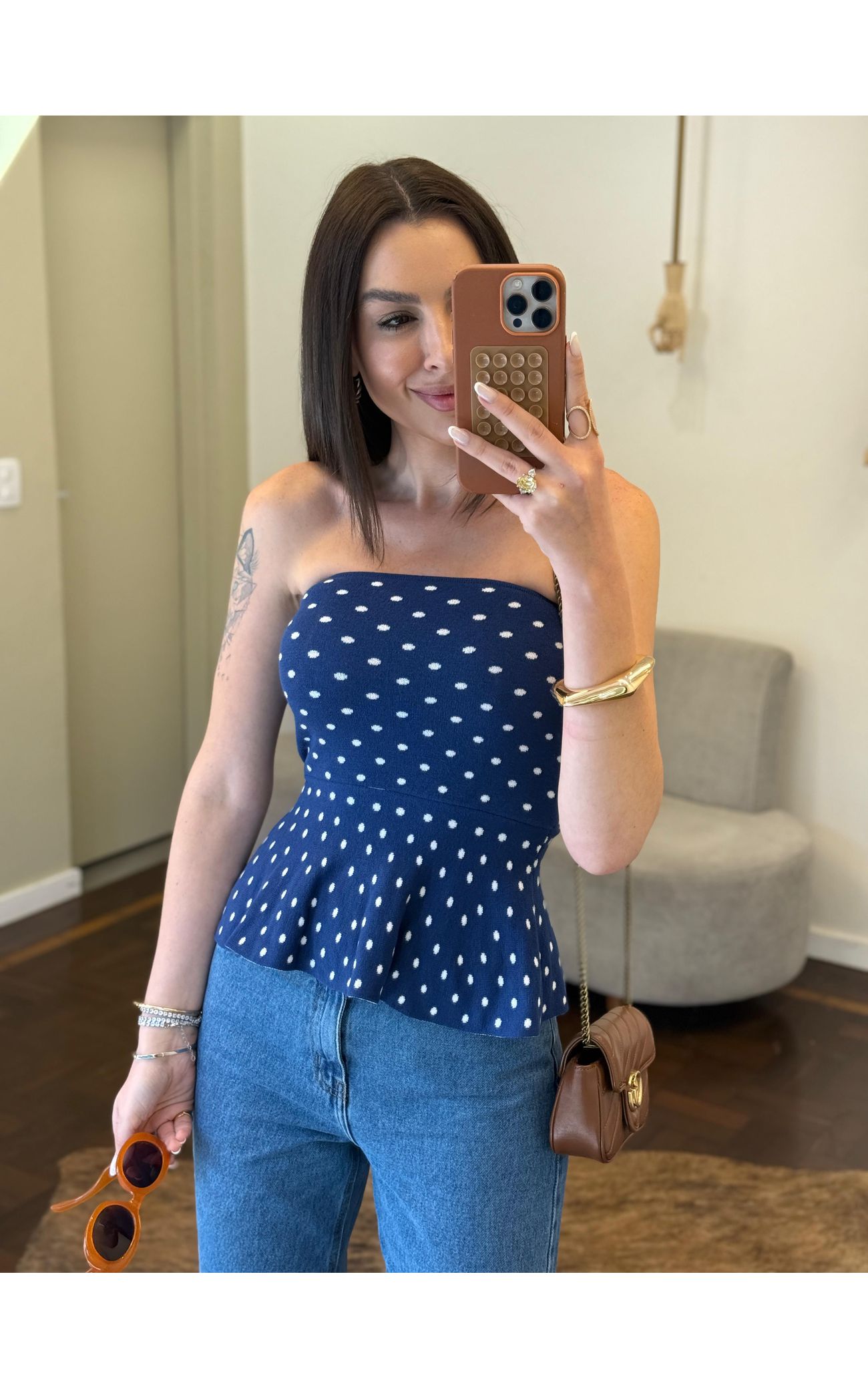 Tomara que Caia Fio Modal Poá - Peplum - Azul Marinho com Poá Branco 