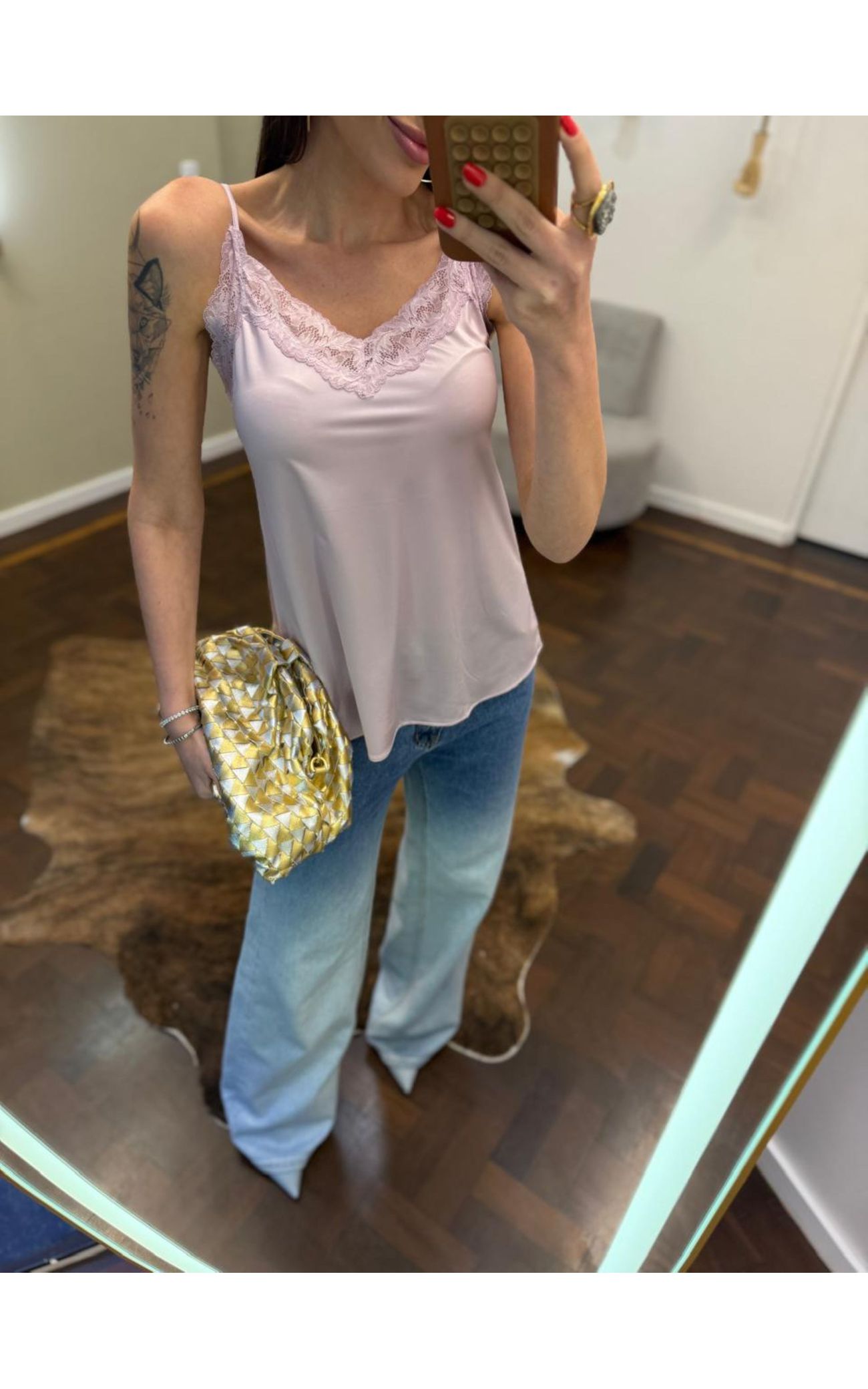 Regata Acetinada Elastano com Renda - Rosa Bebê