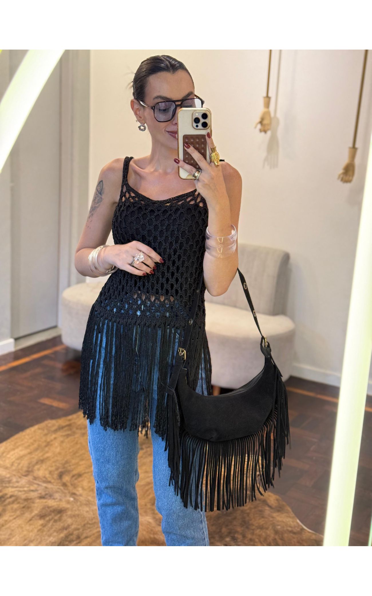 Bolsa Baguete c/ Franjas Chamois Vegan - Preta