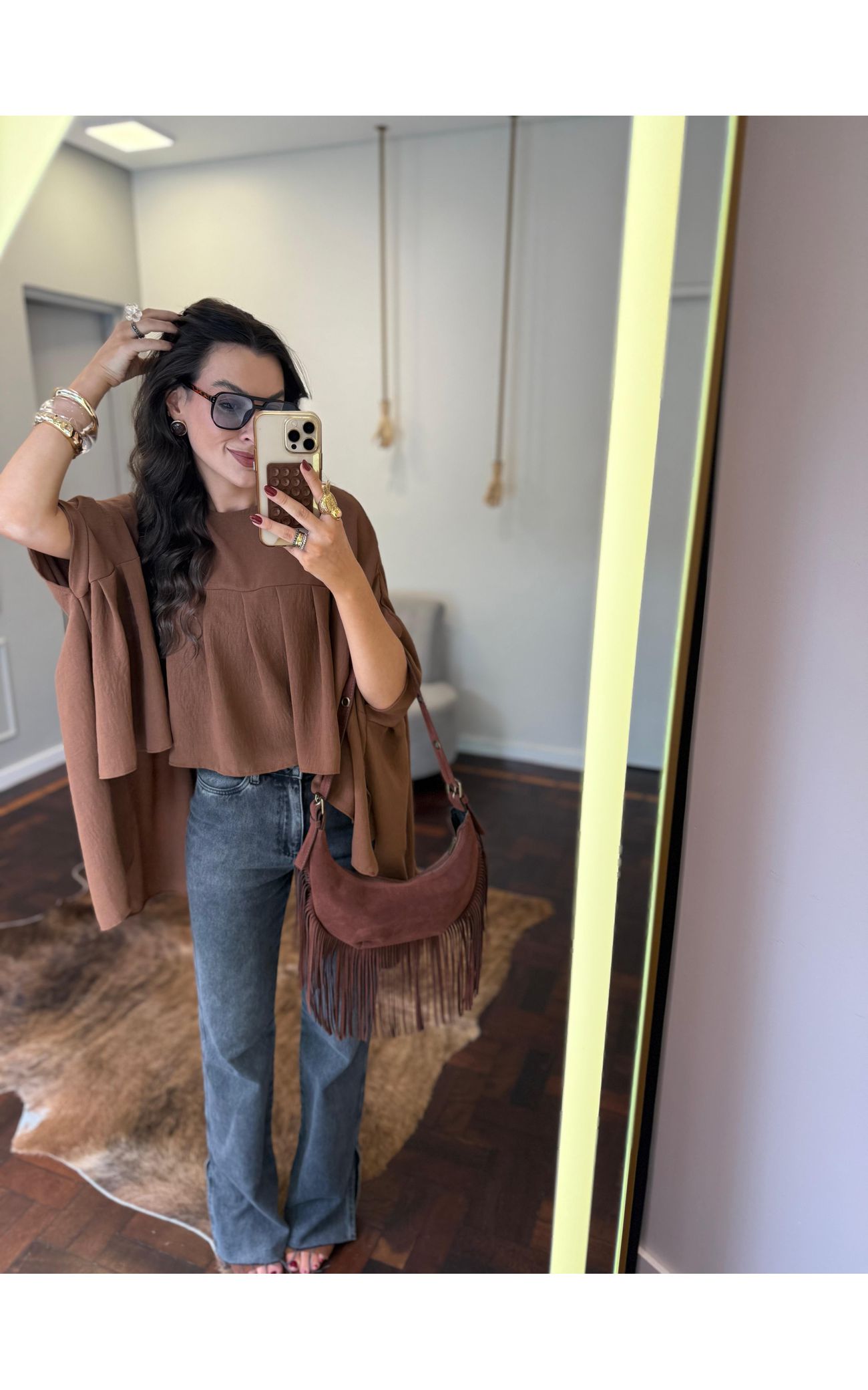 Bolsa Baguete c/ Franjas Chamois Vegan - Marrom 