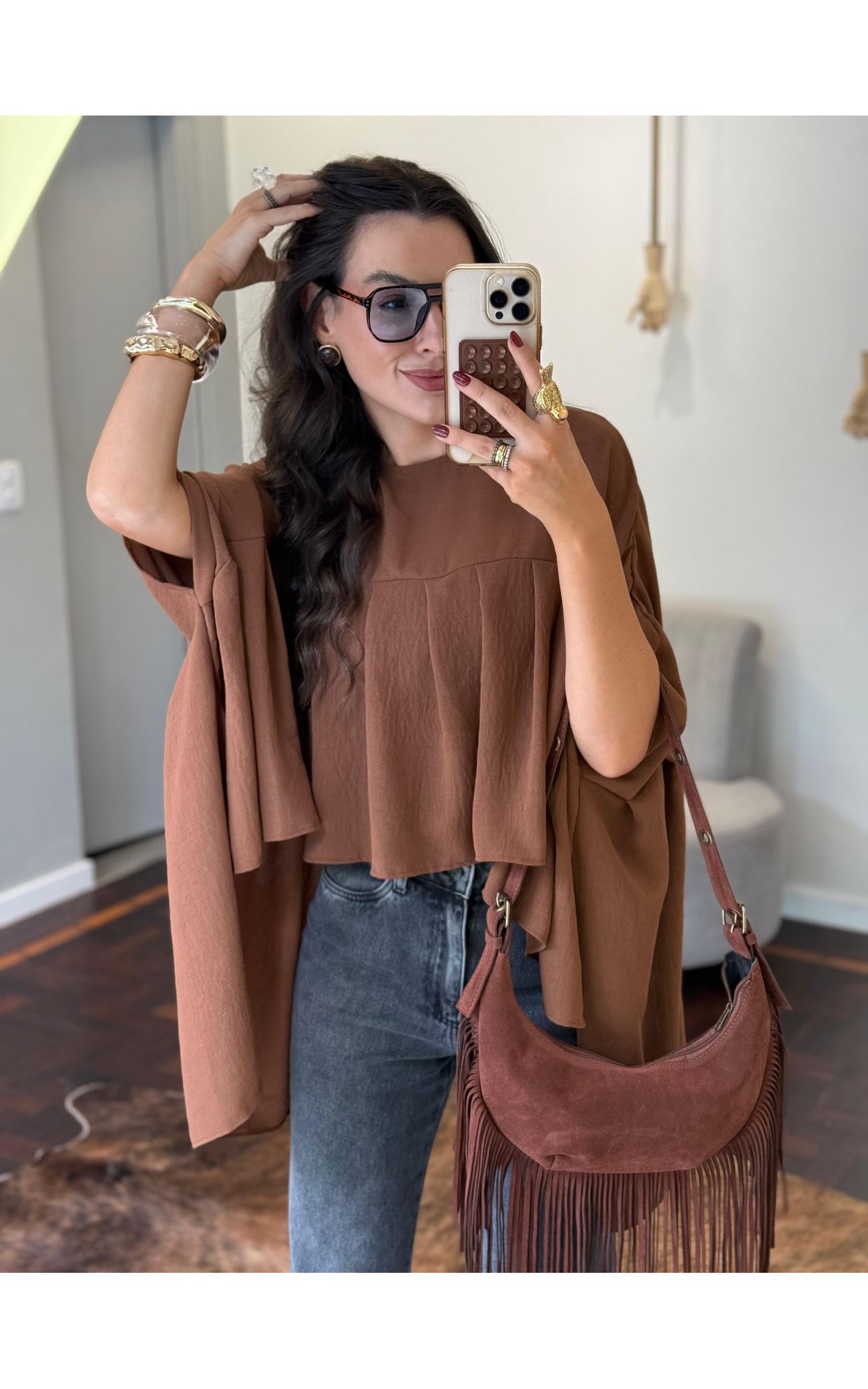 Bolsa Baguete c/ Franjas Chamois Vegan - Marrom 