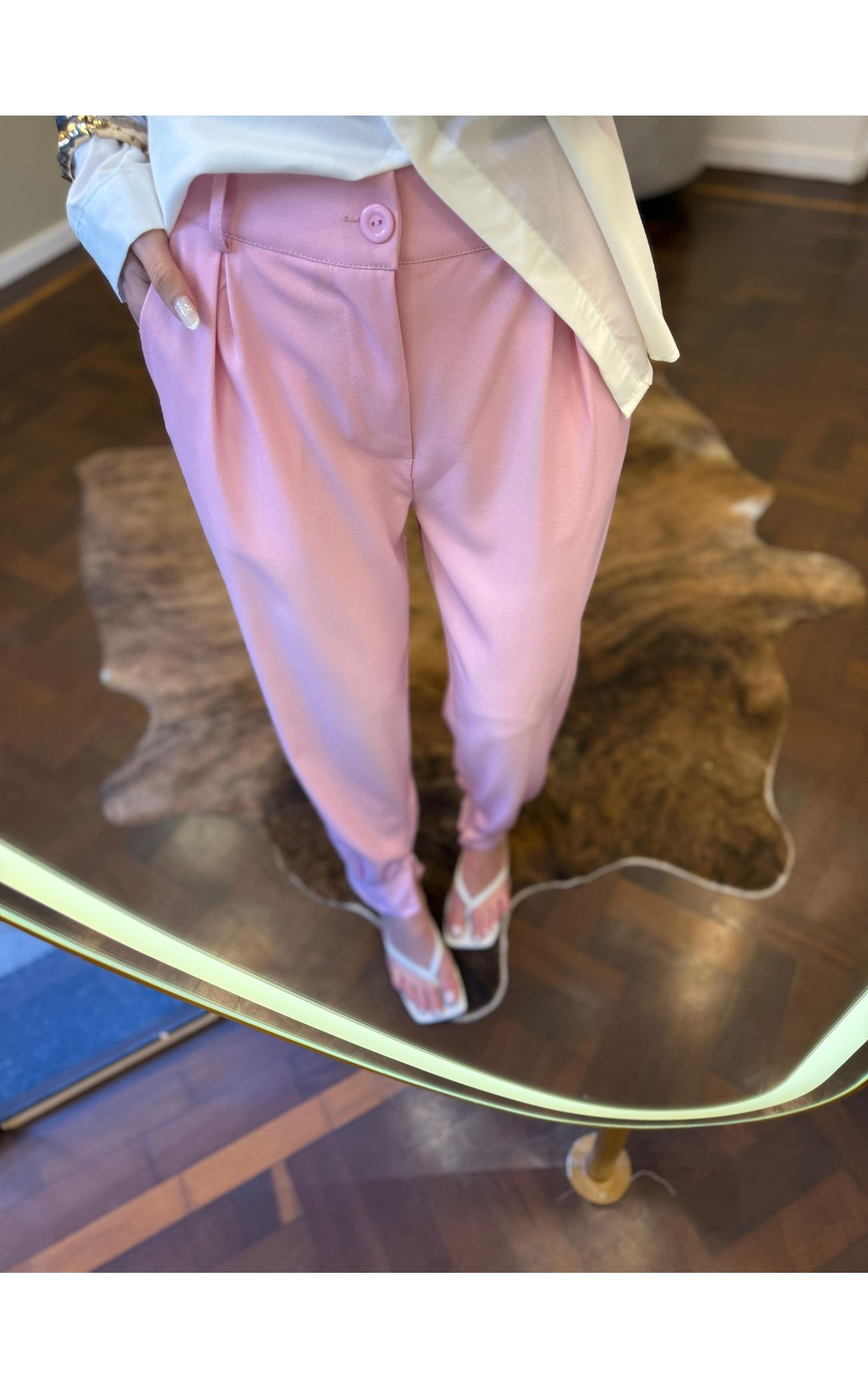 Calça Alfaiataria Cenoura Zíper - Rosa Bebê 