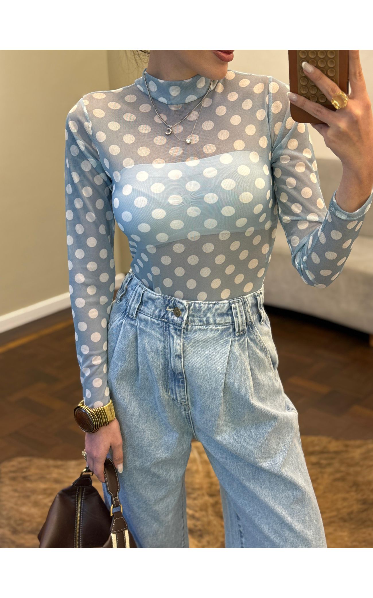 Calça Jeans Pantalona Cós Elástico Atrás - Claro Marmorizado 