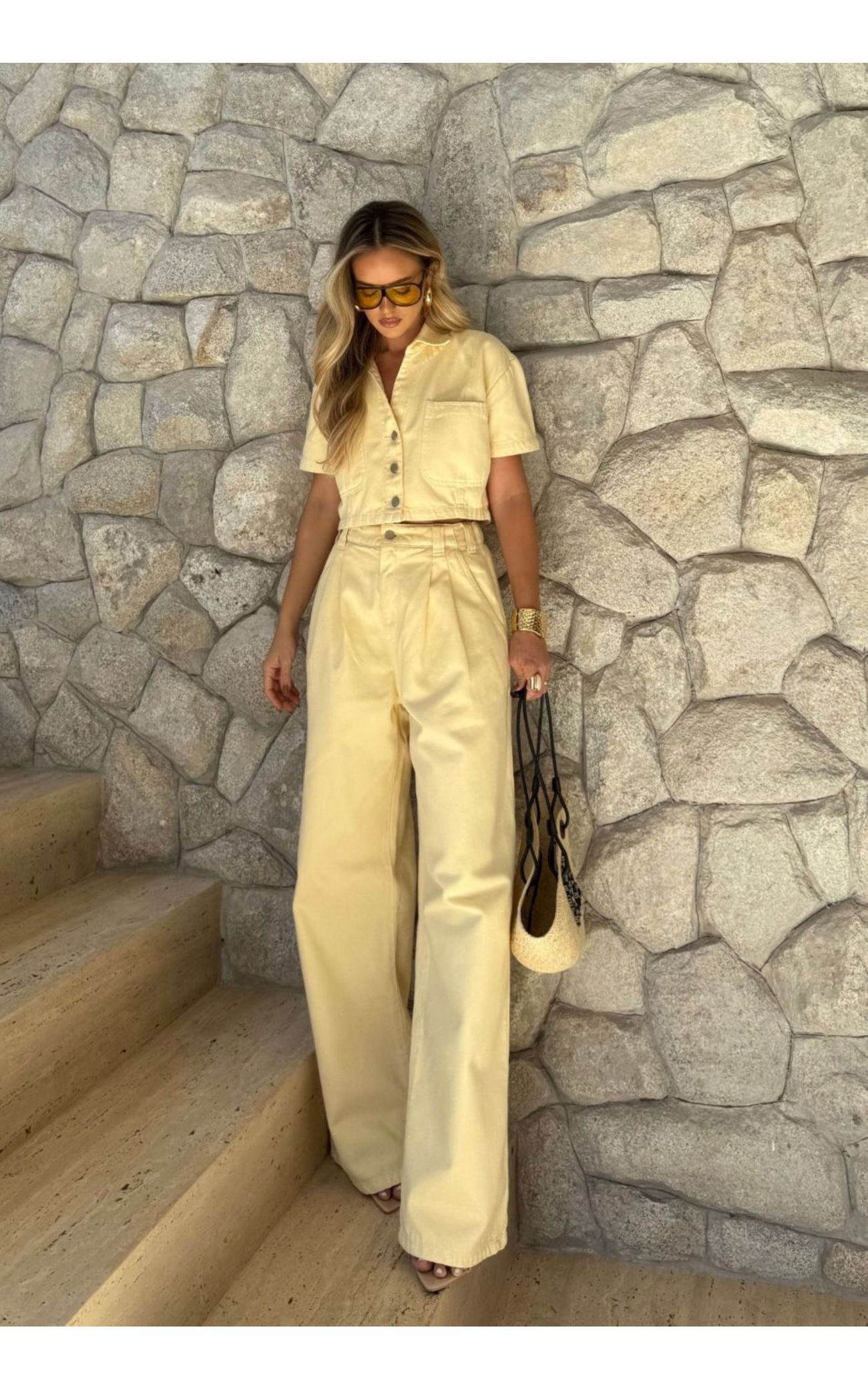 Calça Jeans Pantalona Cós Elástico Atrás - Amarelo 