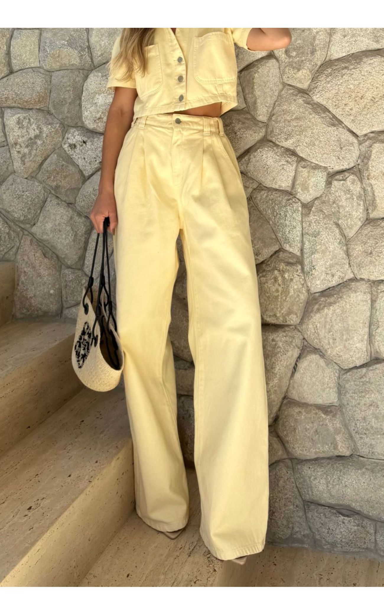 Calça Jeans Pantalona Cós Elástico Atrás - Amarelo 