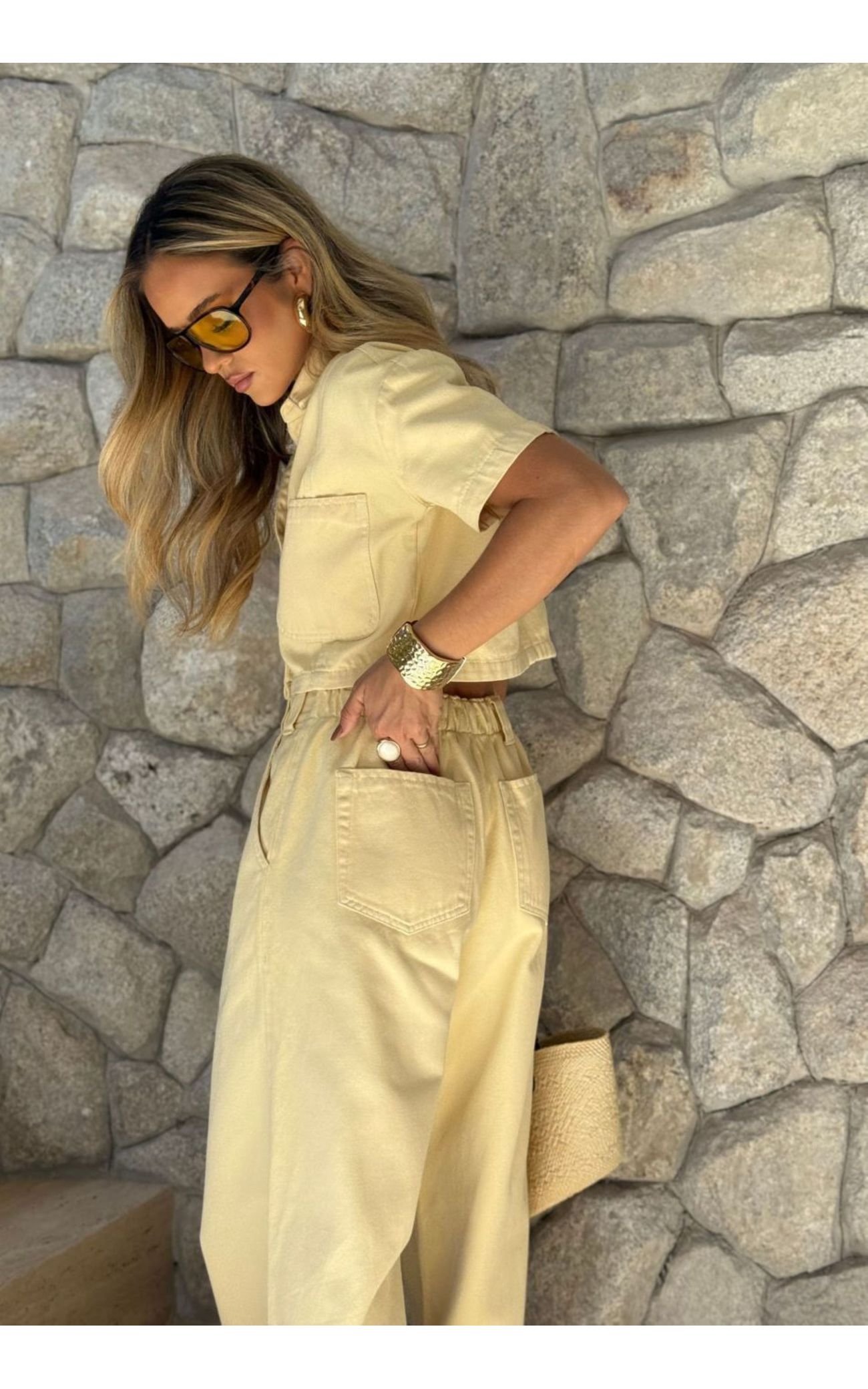 Calça Jeans Pantalona Cós Elástico Atrás - Amarelo 