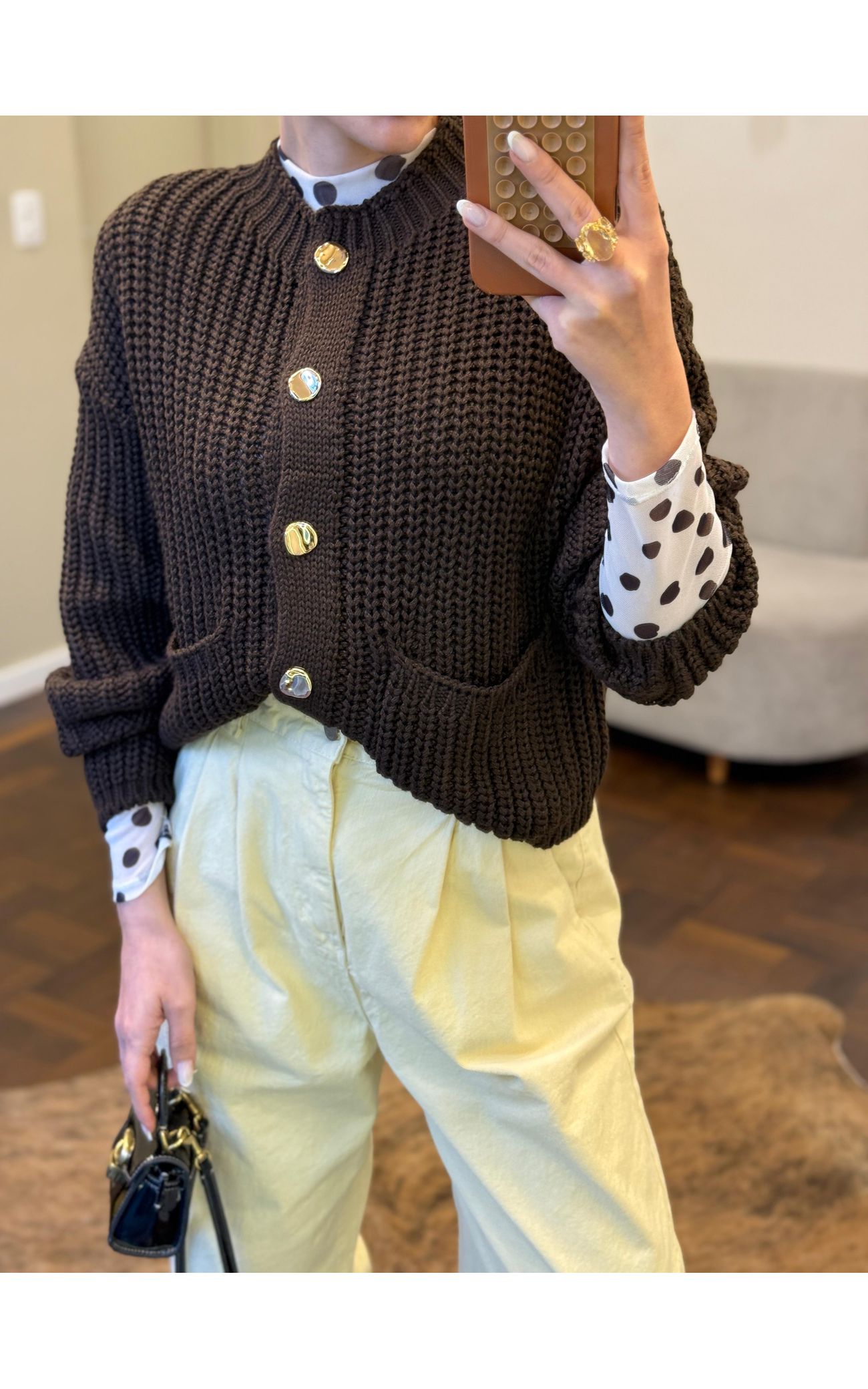 Cardigã Tricot Botões Orgânicos - Marrom 