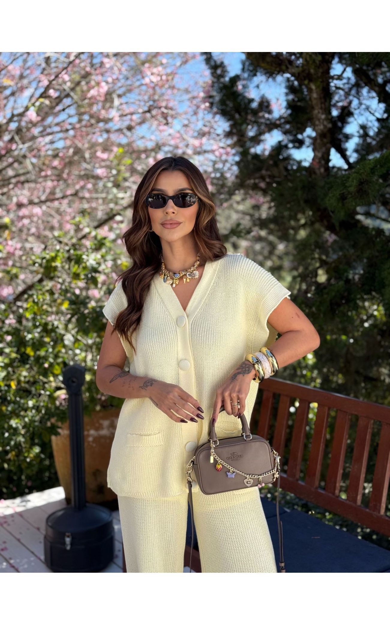 Conjunto Tricot Botões Forrados Fernanda - Amarelo Manteiga 