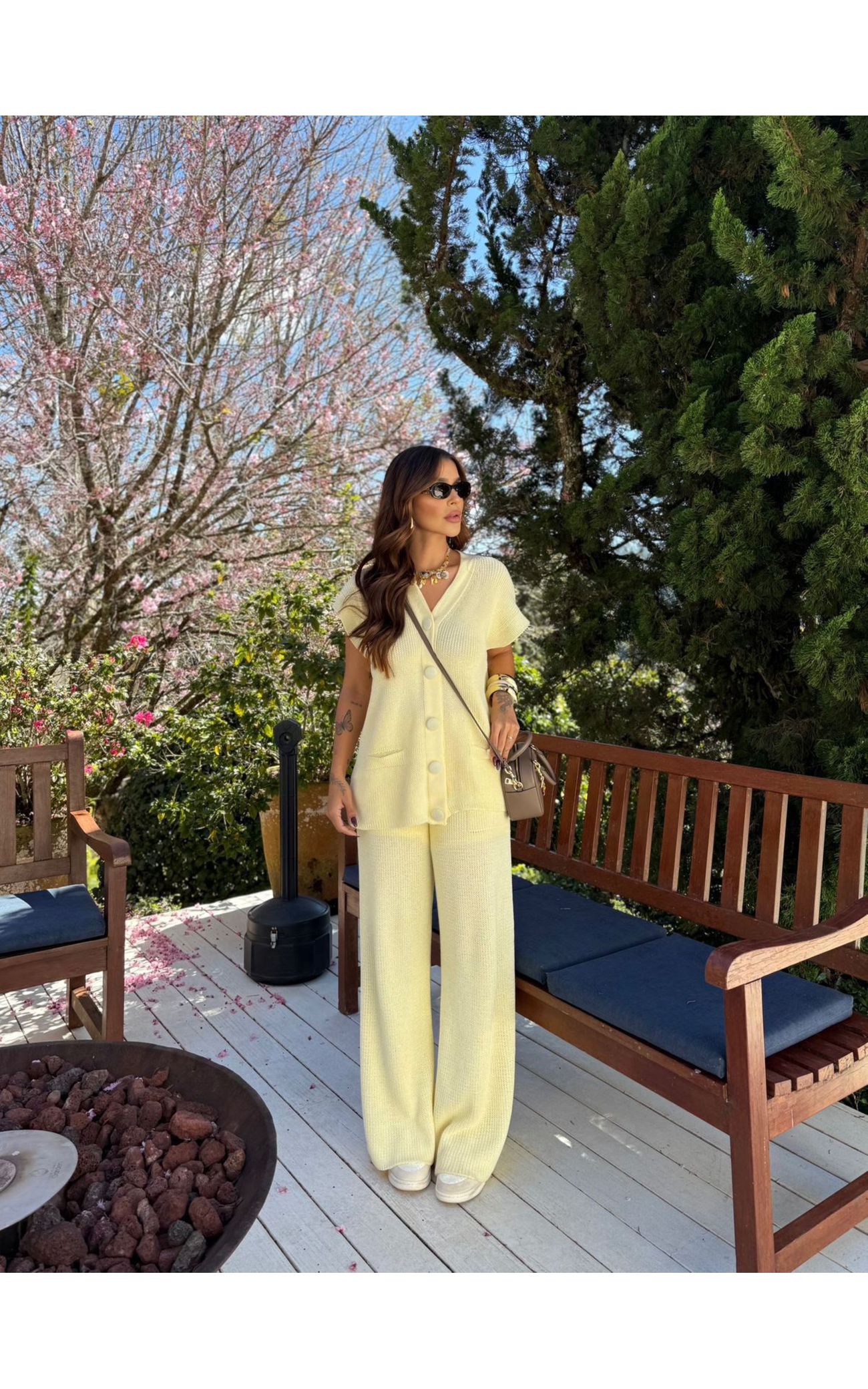 Conjunto Tricot Botões Forrados Fernanda - Amarelo Manteiga 