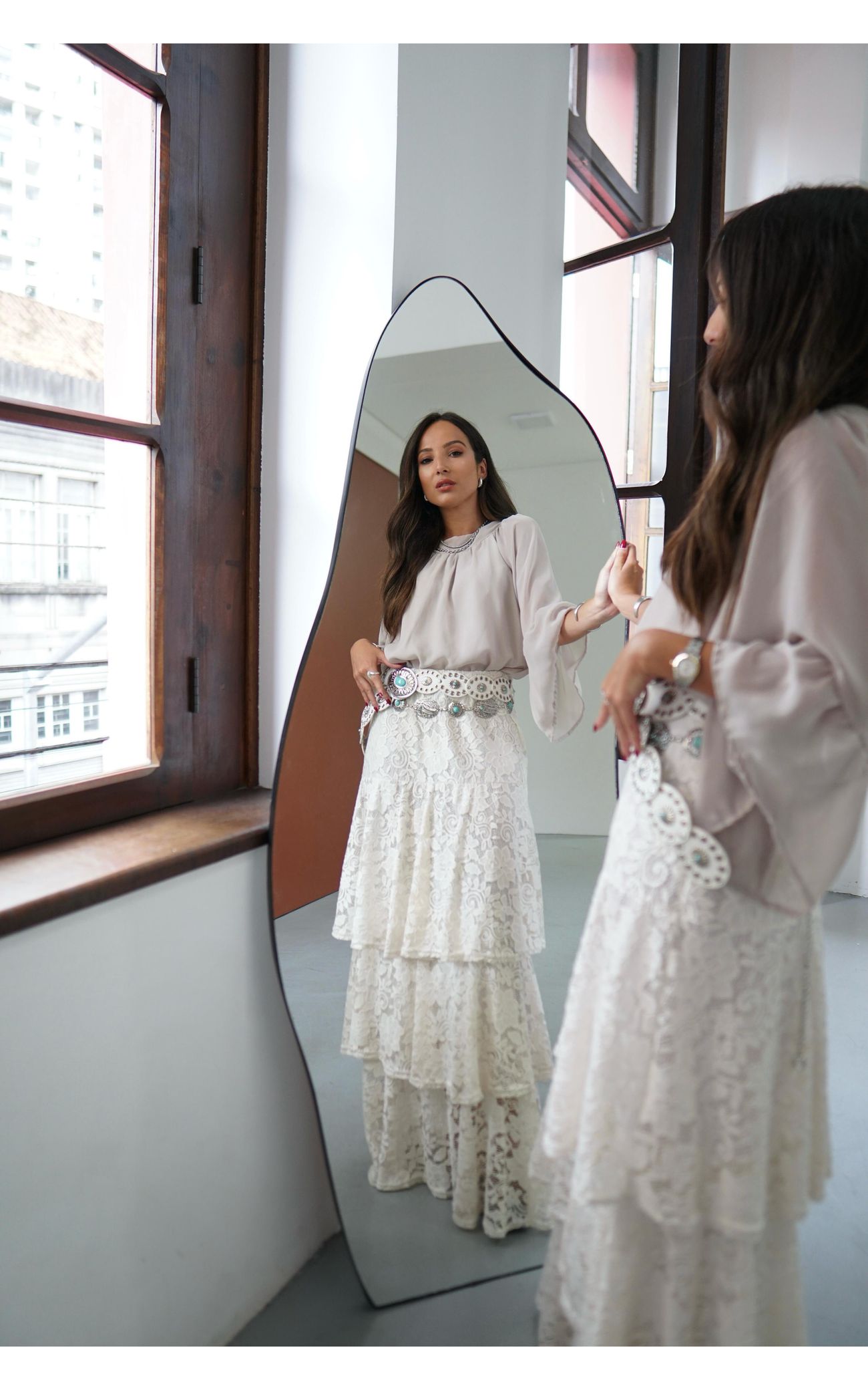 Saia Longa Renda Camadas Lorena - Off White 
