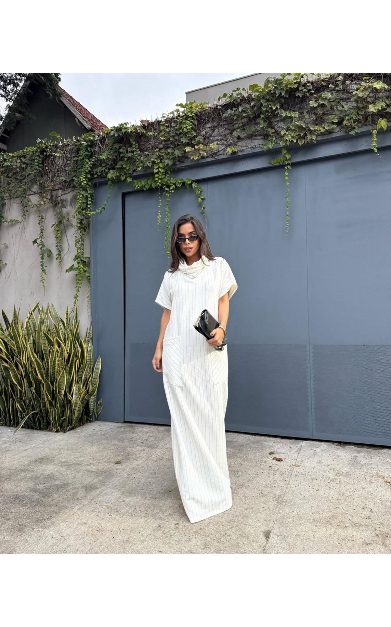Vestido Moletom Risca de Giz - Gola Boba - Off White 