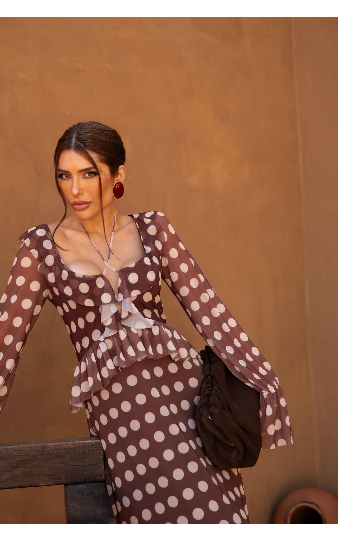 Vestido Longo Marrom Poá 