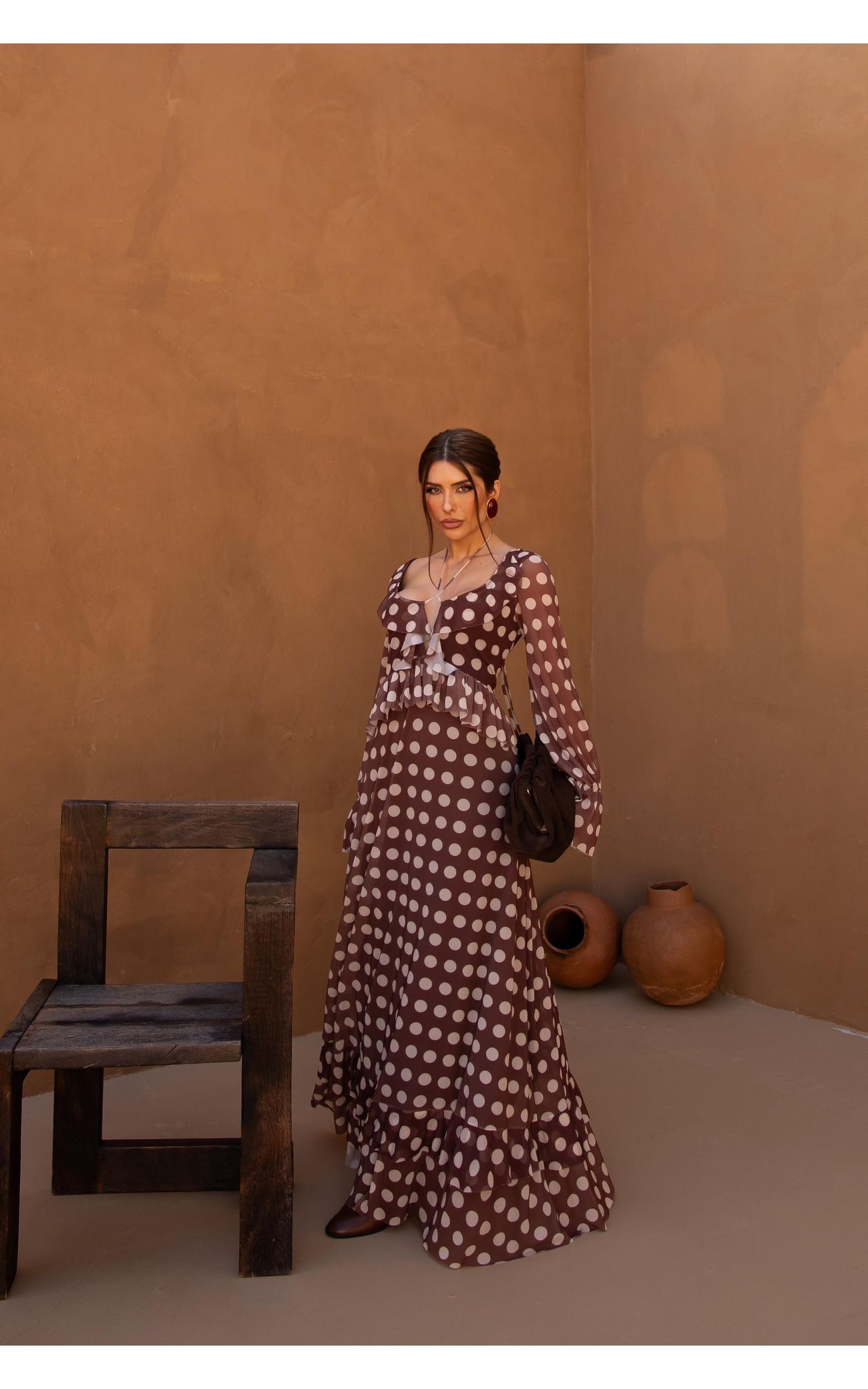 Vestido Longo Marrom Poá 
