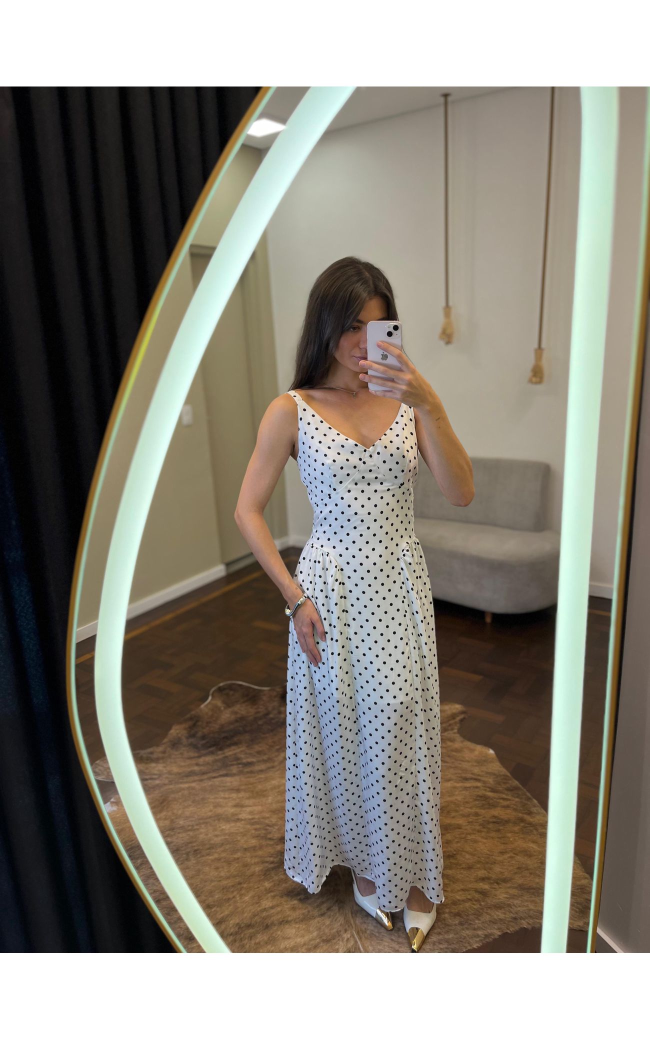 Vestido Poá Midi de Alça Heloísa - Off White 