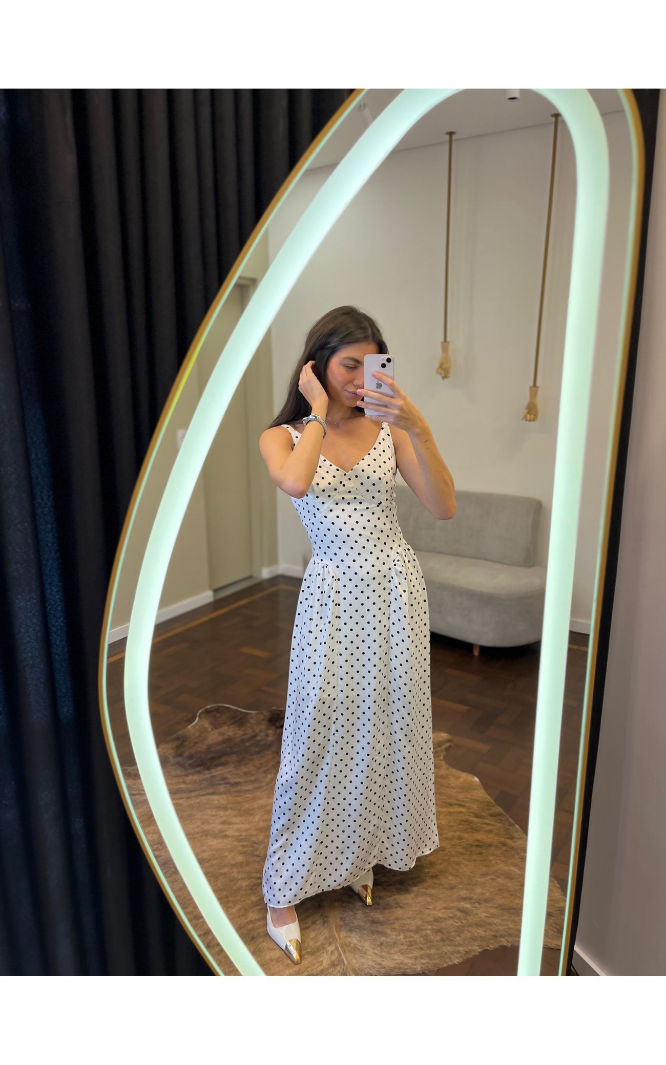 Vestido Poá Midi de Alça Heloísa - Off White 