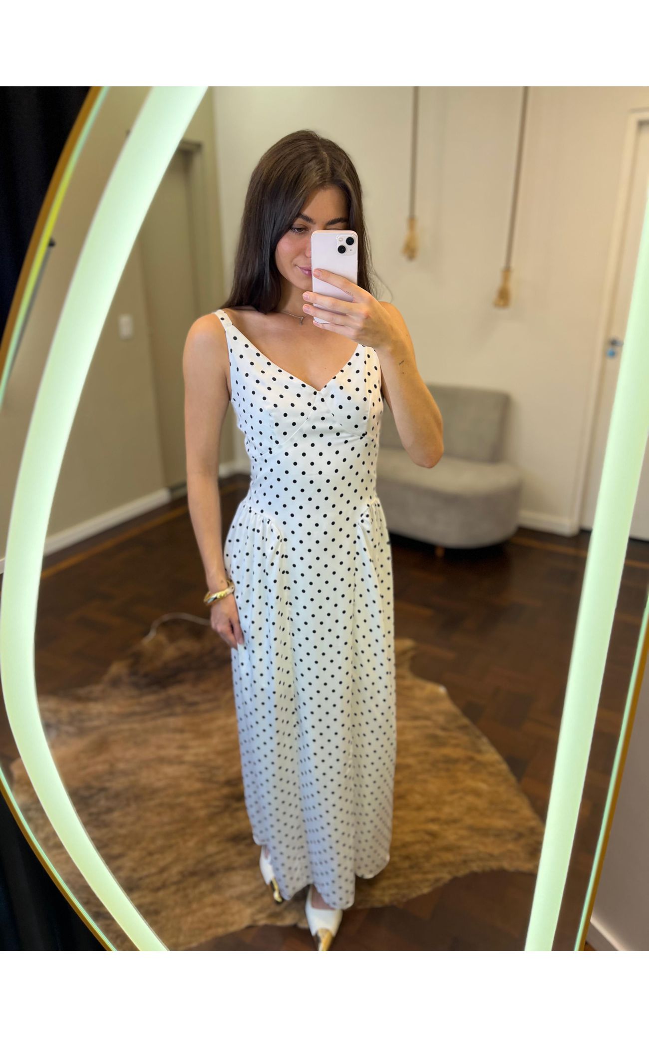 Vestido Poá Midi de Alça Heloísa - Off White 