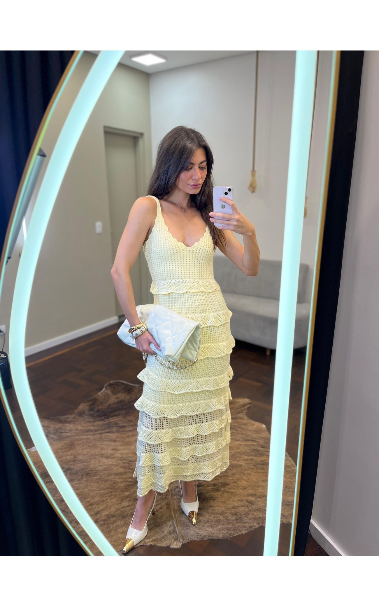 Vestido Tricot Longo Babadinhos Texturas - Amarelo Manteiga 