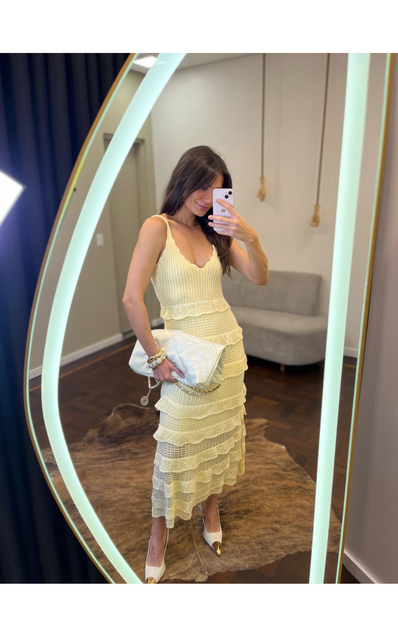 Vestido Tricot Longo Babadinhos Texturas - Amarelo Manteiga 