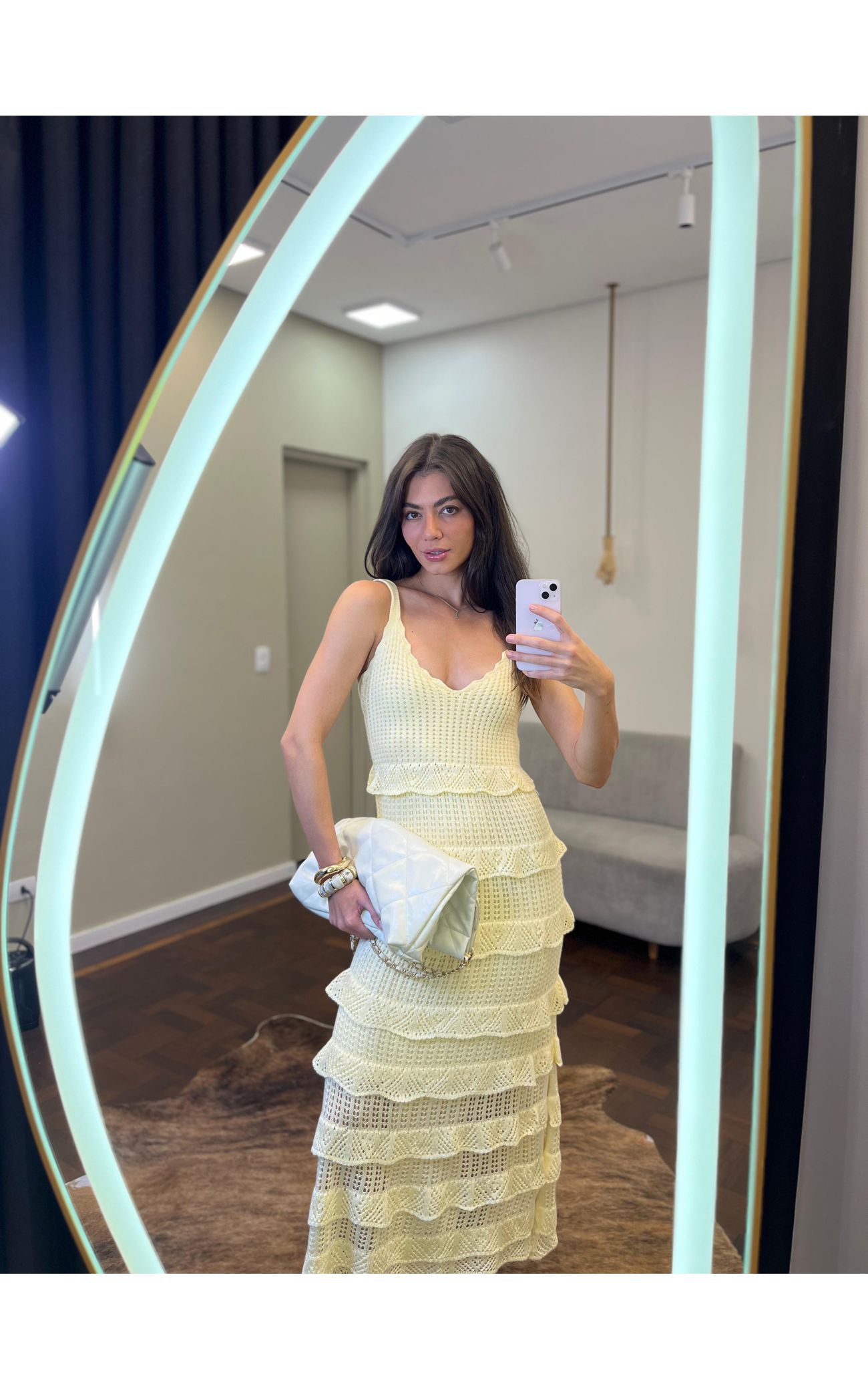 Vestido Tricot Longo Babadinhos Texturas - Amarelo Manteiga 