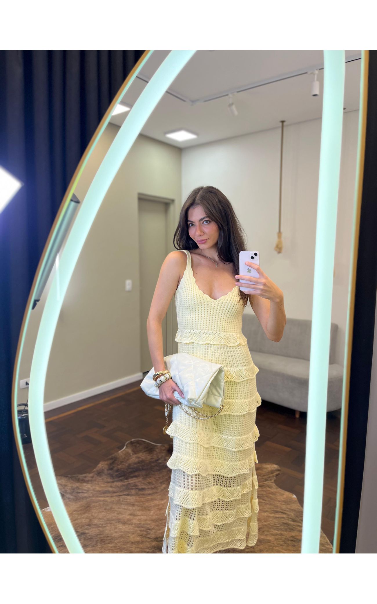 Vestido Tricot Longo Babadinhos Texturas - Amarelo Manteiga 