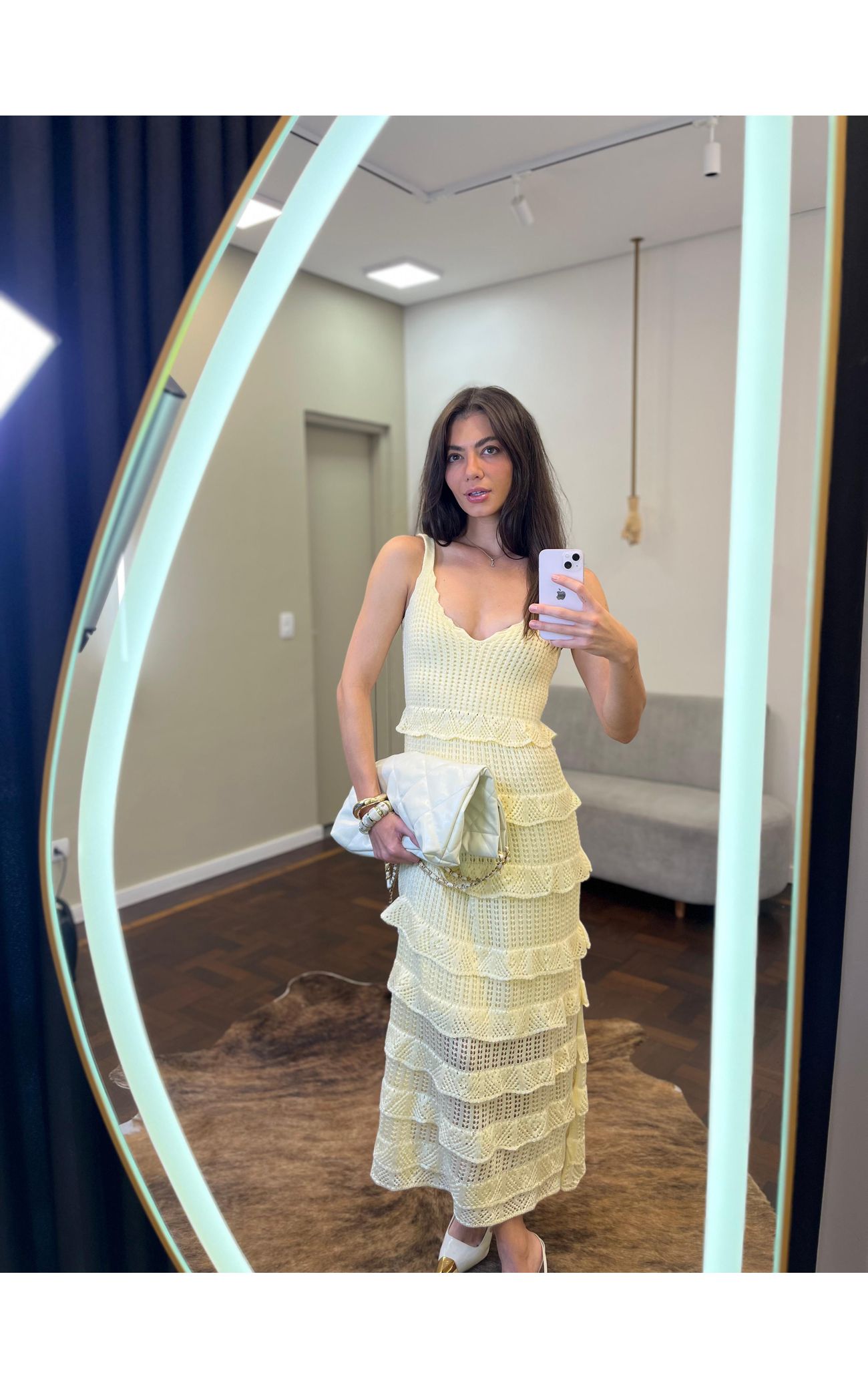 Vestido Tricot Longo Babadinhos Texturas - Amarelo Manteiga 