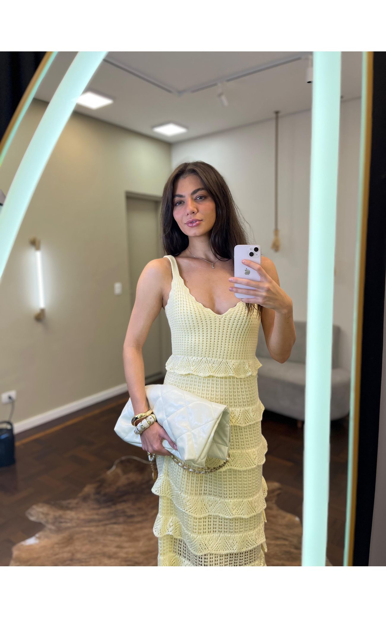 Vestido Tricot Longo Babadinhos Texturas - Amarelo Manteiga 