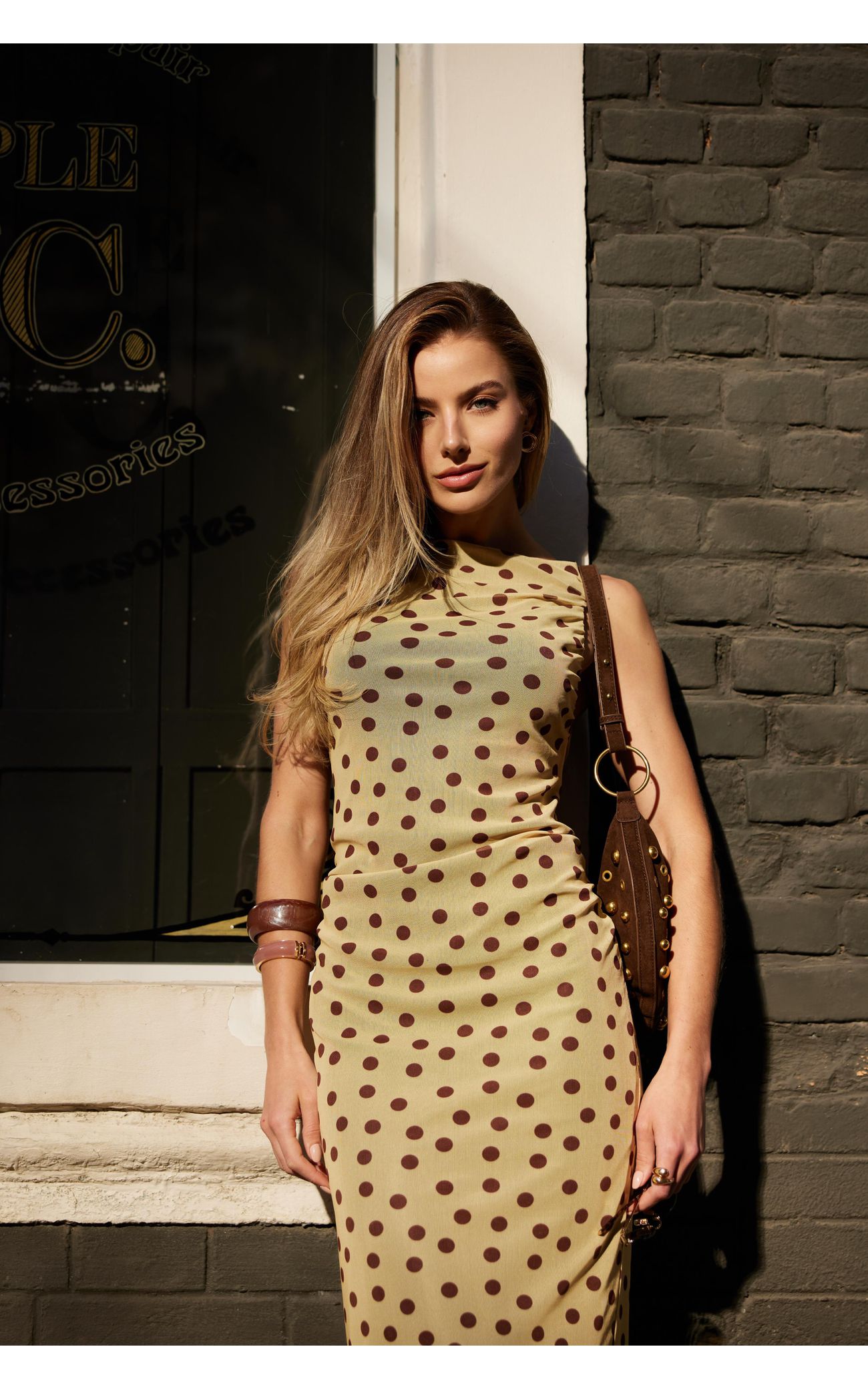 Vestido Tule Nadador Poá - Amarelo com Poá Marrom 