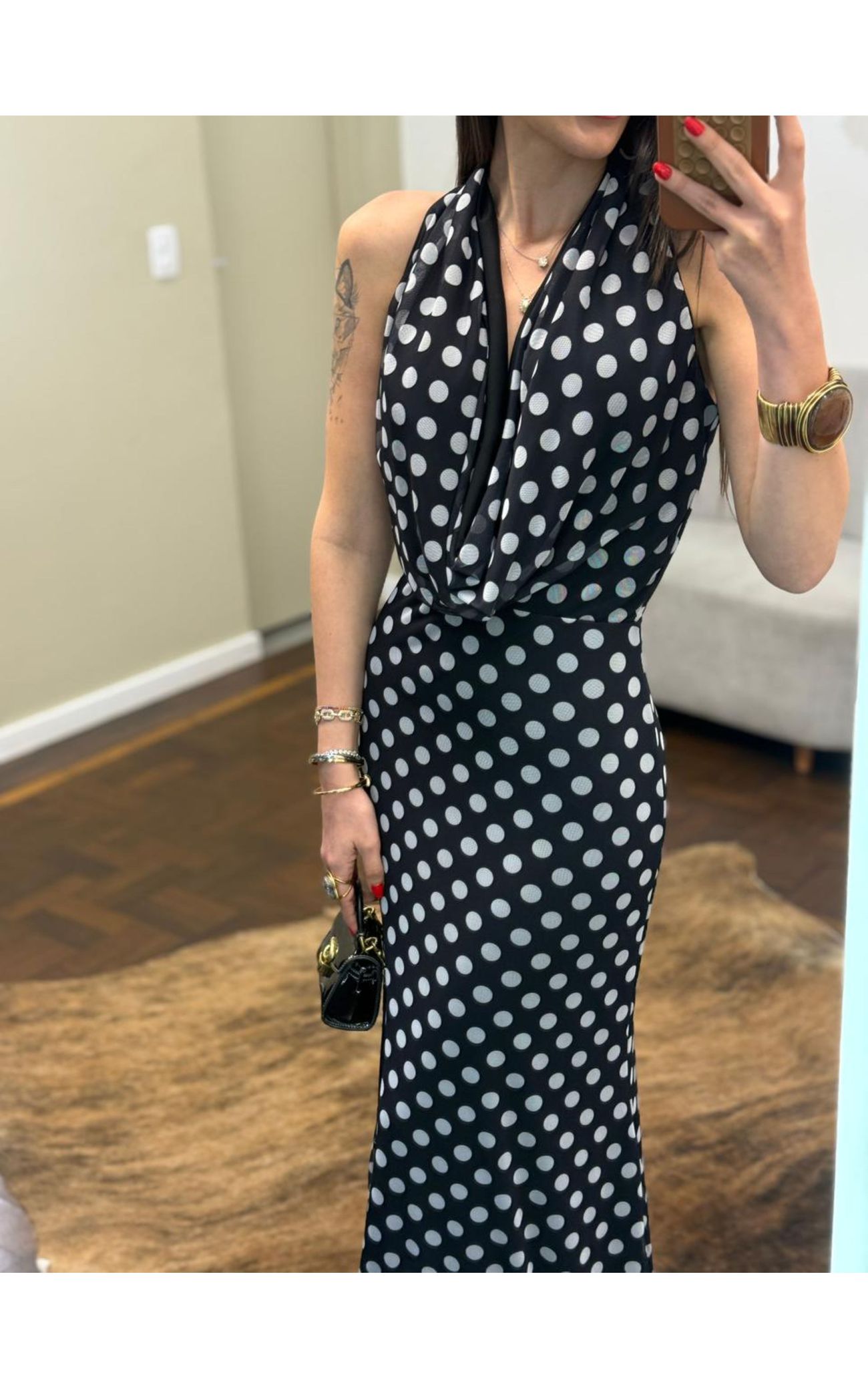 Vestido Gola Boba Poá - Preto com Poá Branco