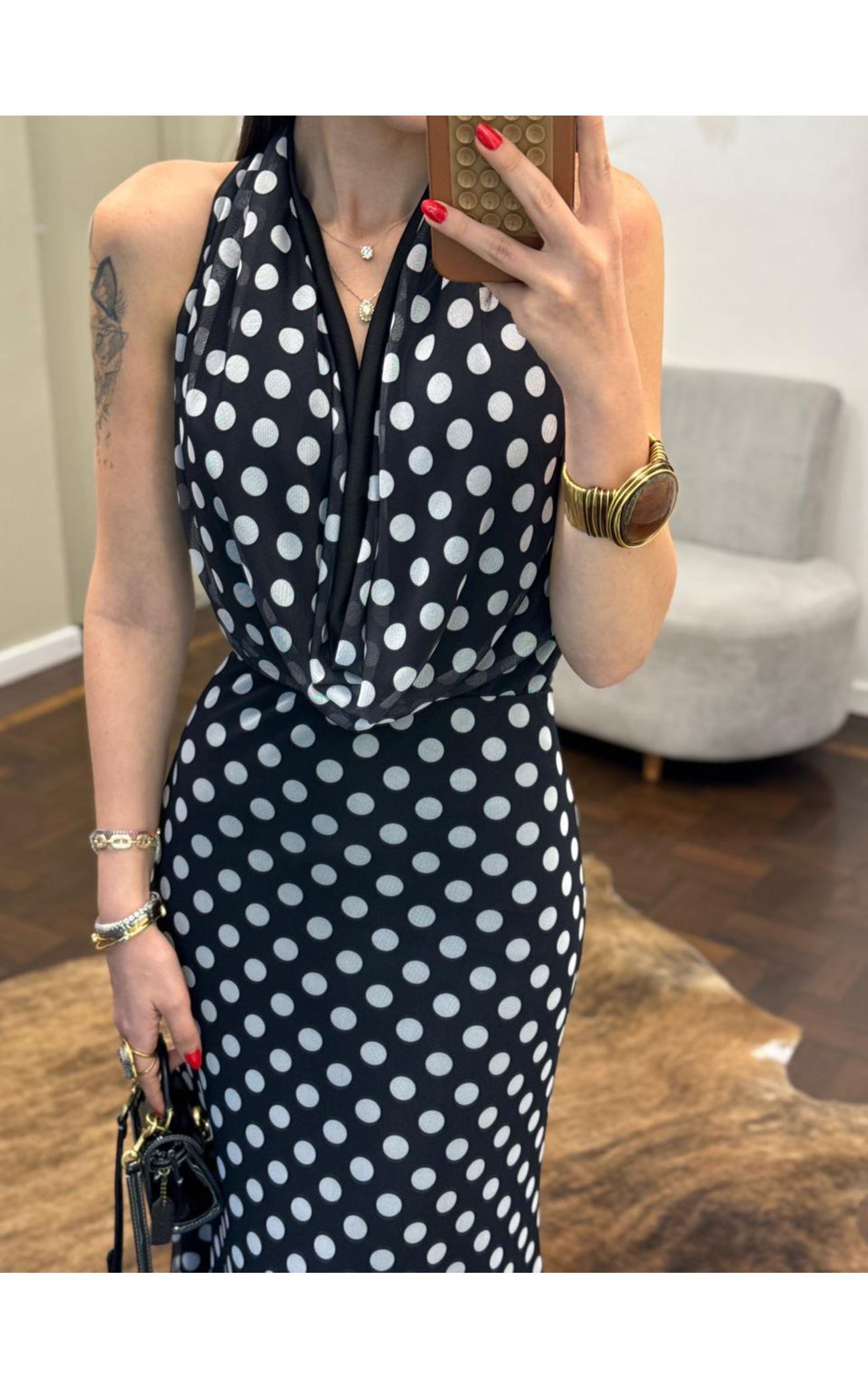 Vestido Gola Boba Poá - Preto com Poá Branco