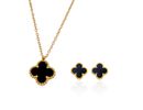Conjunto Brinco e Colar Trevo Preto Liso Aço Inoxidável Dourado